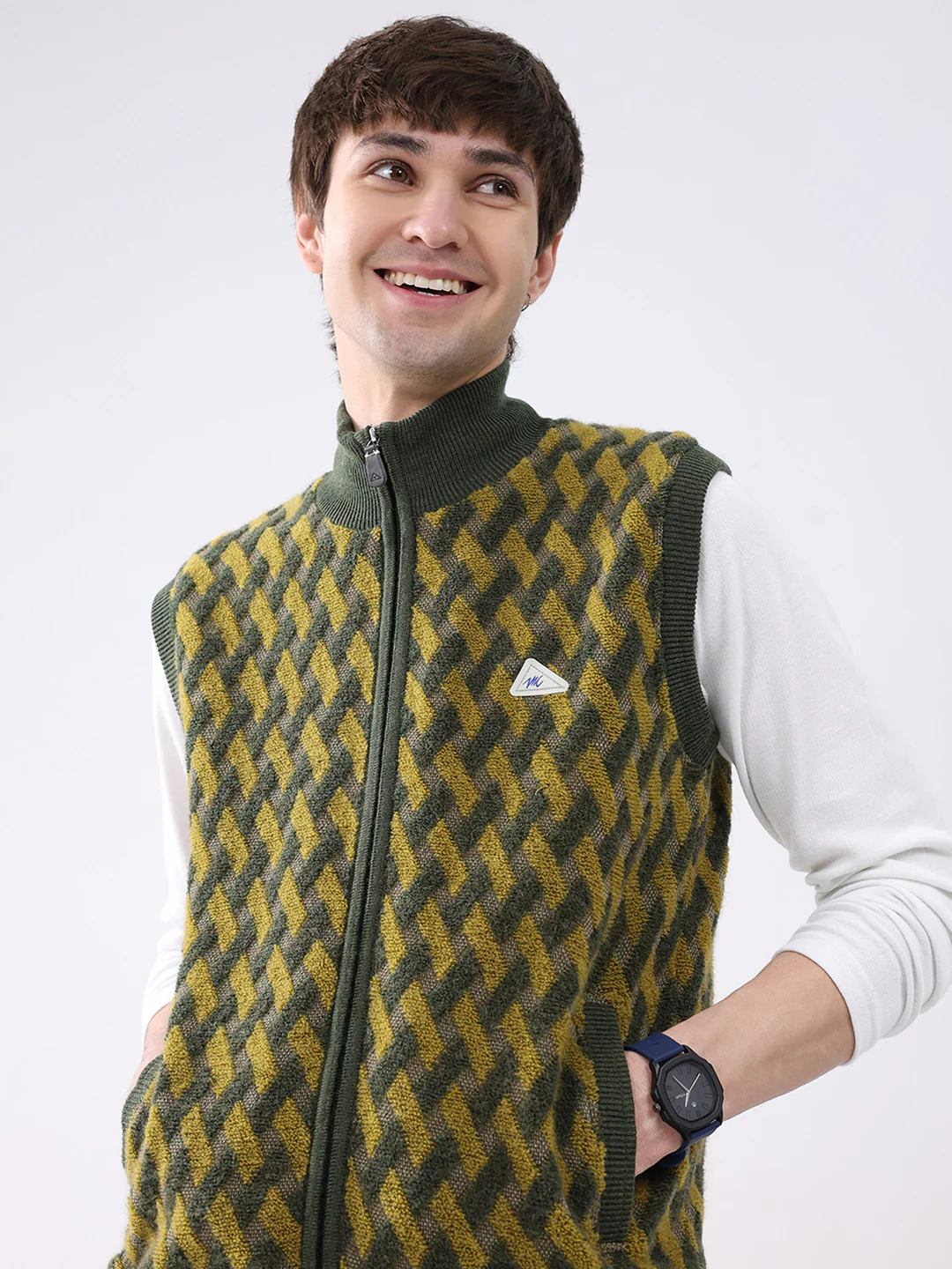 Men Green Self Design Mock Neck Sleeveless Jacket - Image 7