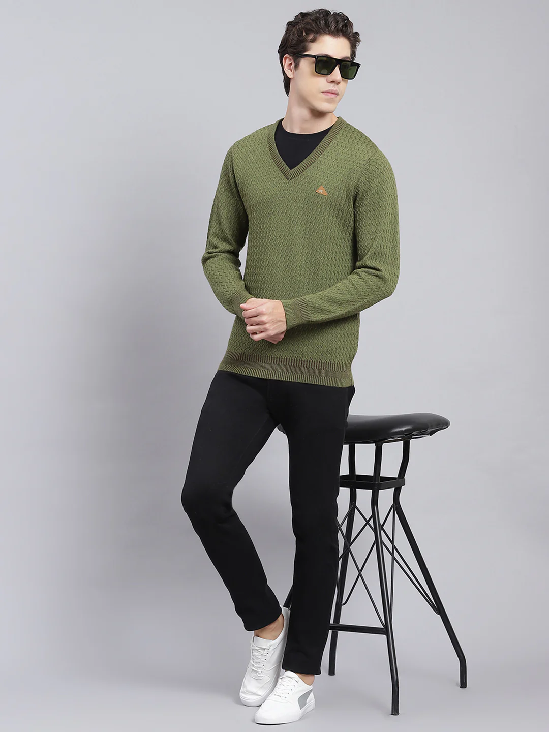 Men Green Self Design Pure wool Pullover - Image 5