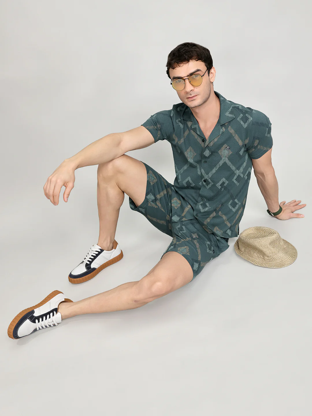 Men Green Self Design Regular Fit Bermuda Set - Image 7