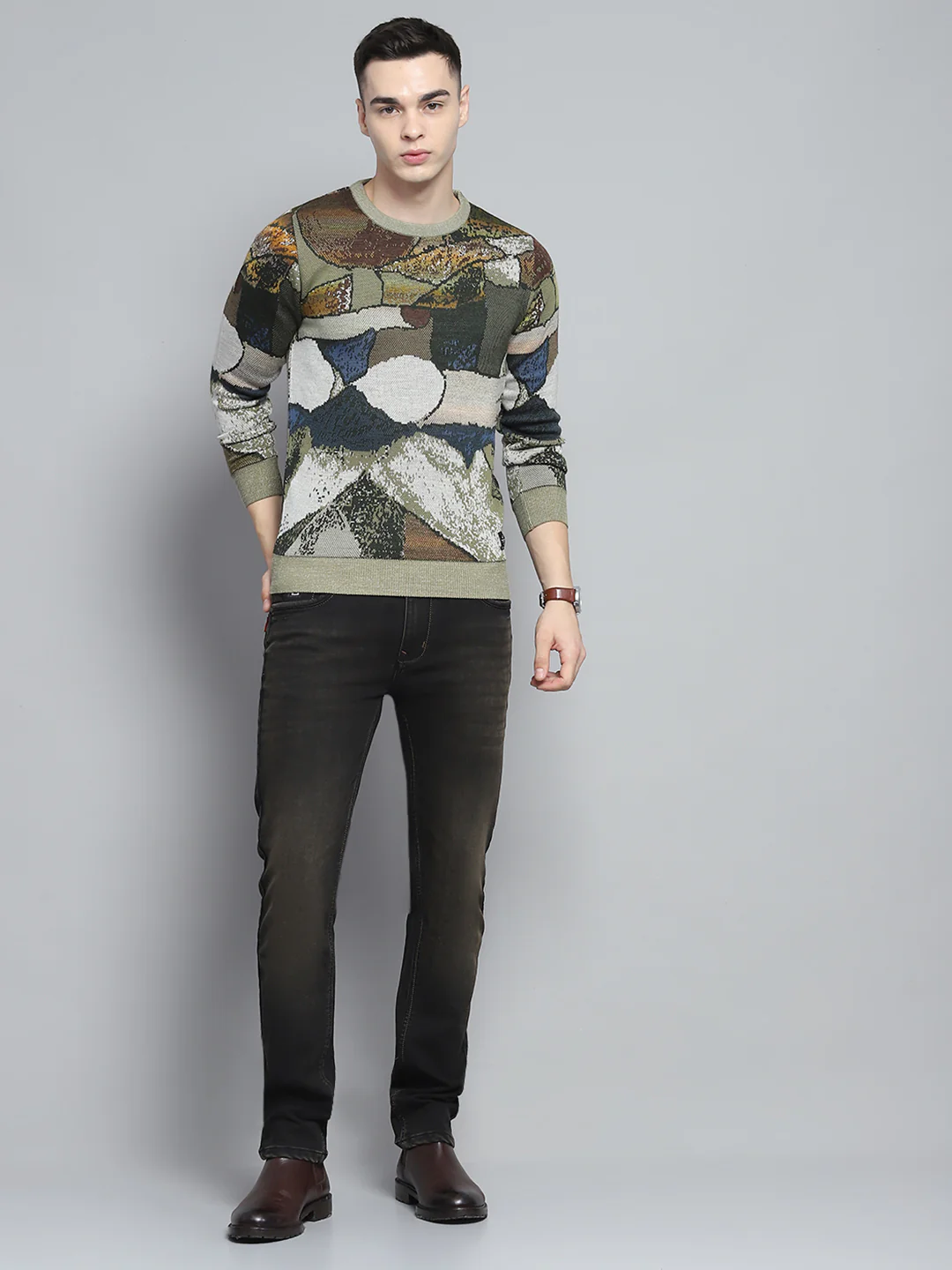 Men Green Self Design Round Neck Full Sleeve Pullover - Image 2