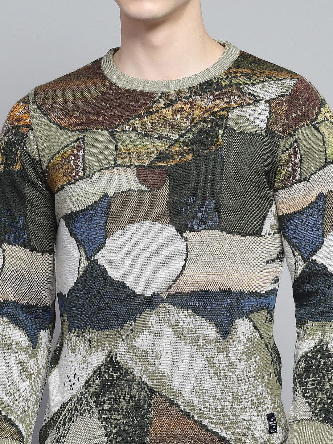 Men Green Self Design Round Neck Full Sleeve Pullover - Image 6