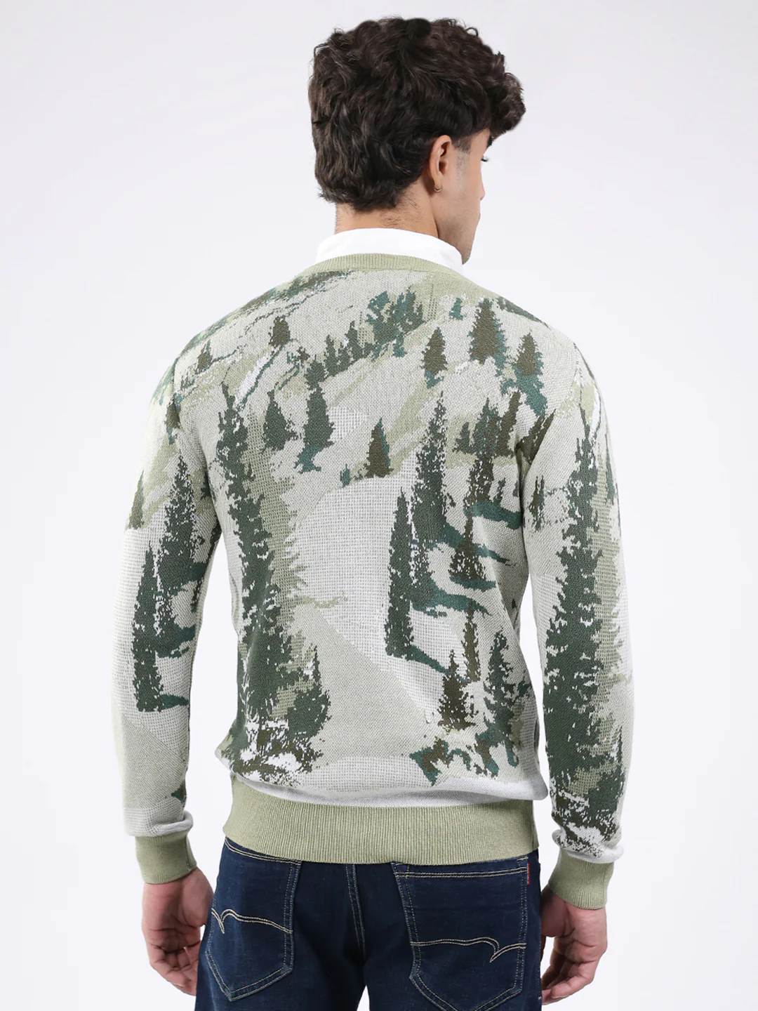 Men Green Self Design Round Neck Full Sleeve Pullover - Image 5