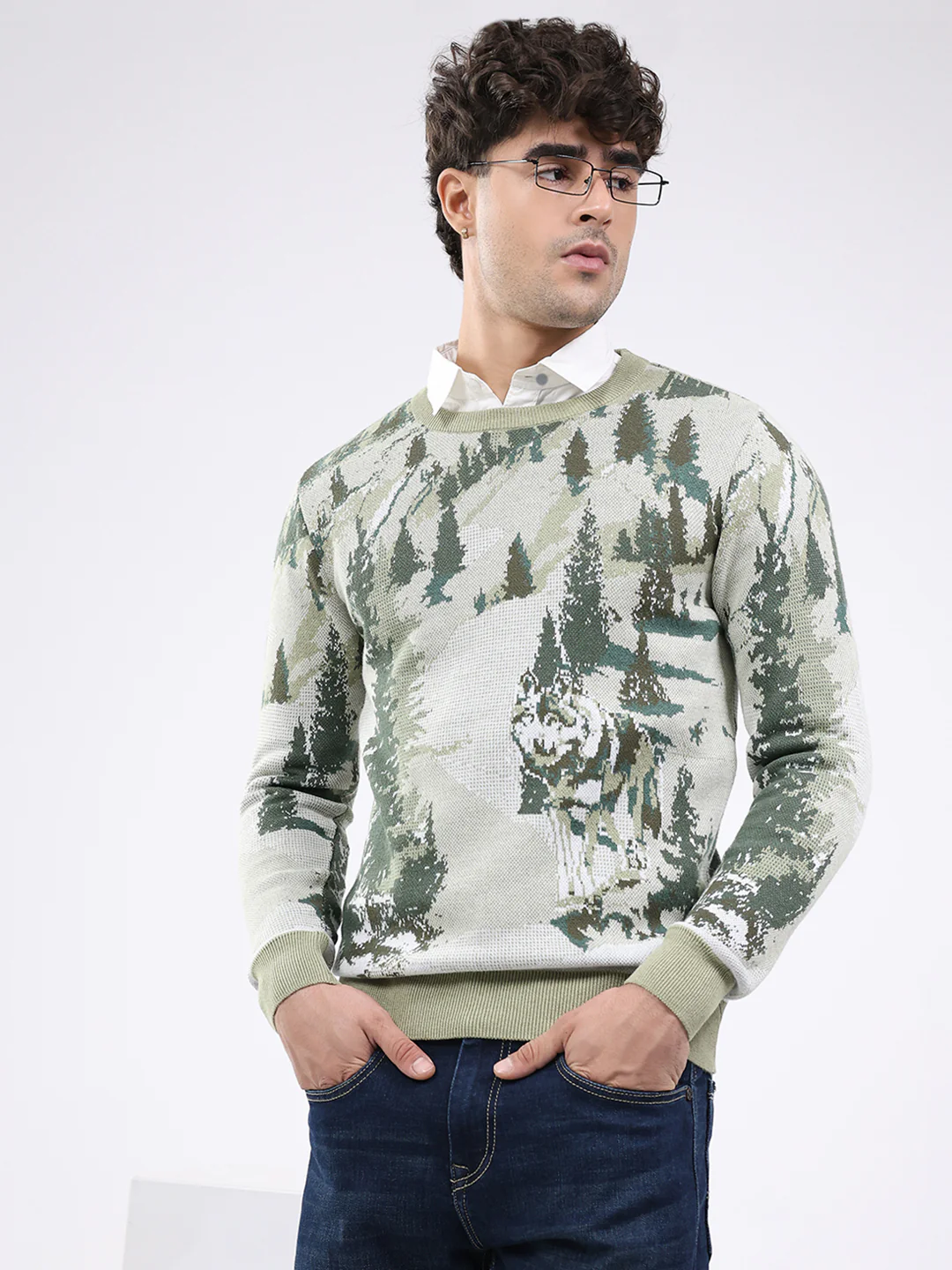 Men Green Self Design Round Neck Full Sleeve Pullover - Image 6