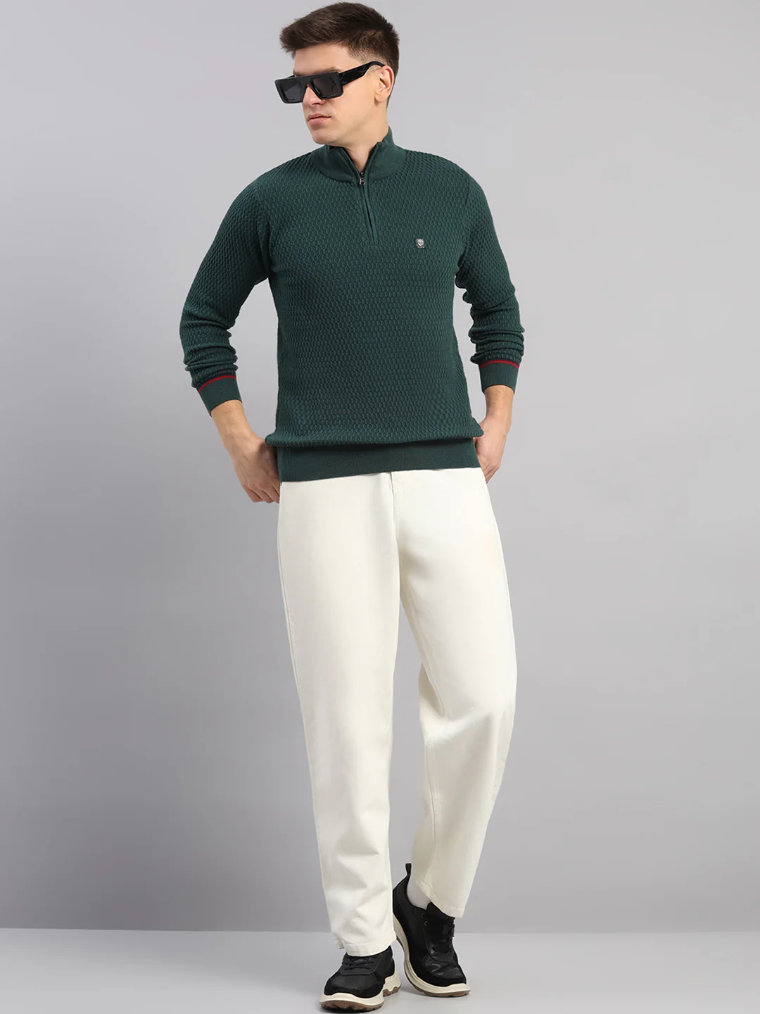 Men Green Self Design Round Neck Full Sleeve Pullover - Image 2
