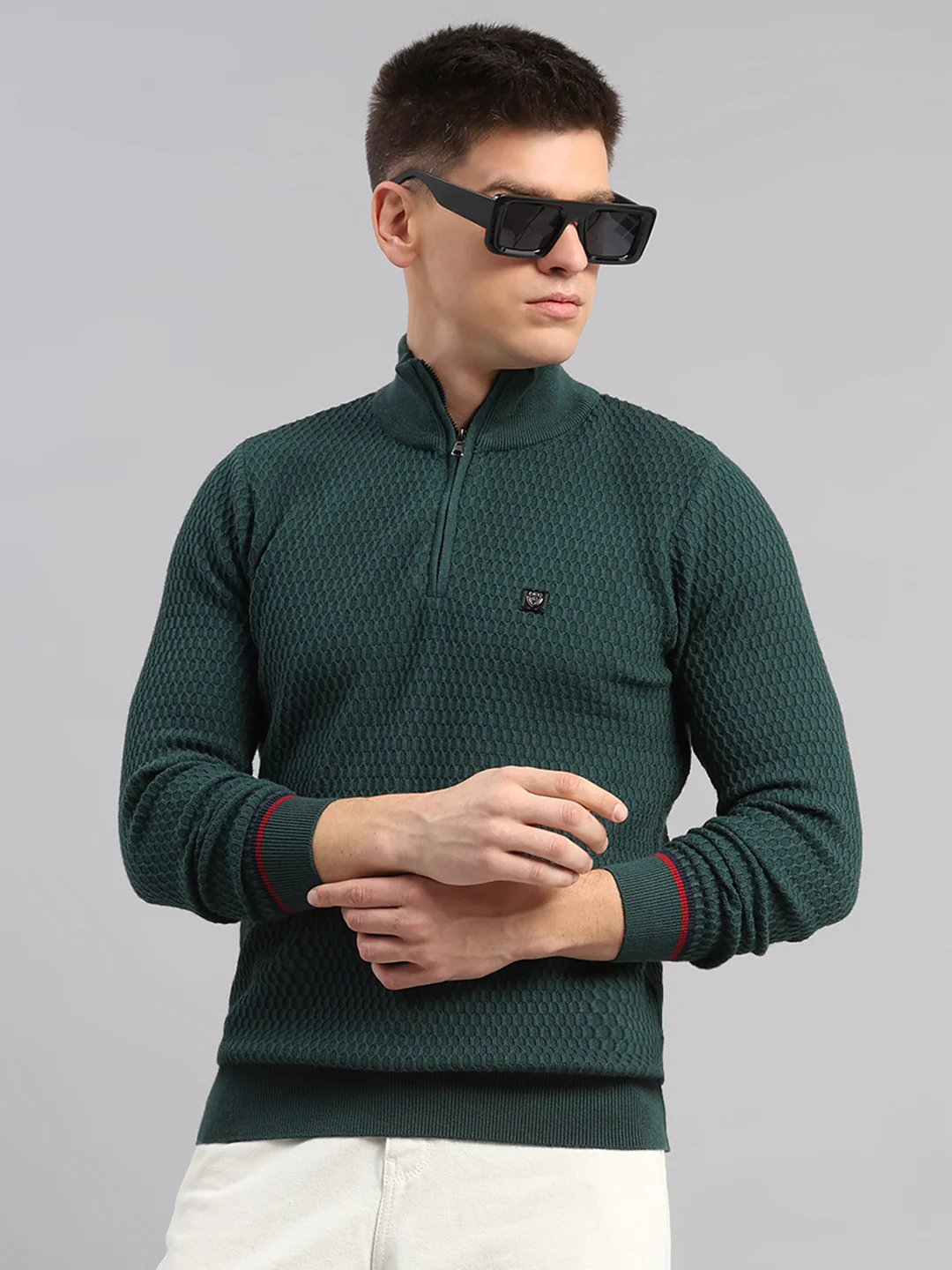 Men Green Self Design Round Neck Full Sleeve Pullover - Image 6