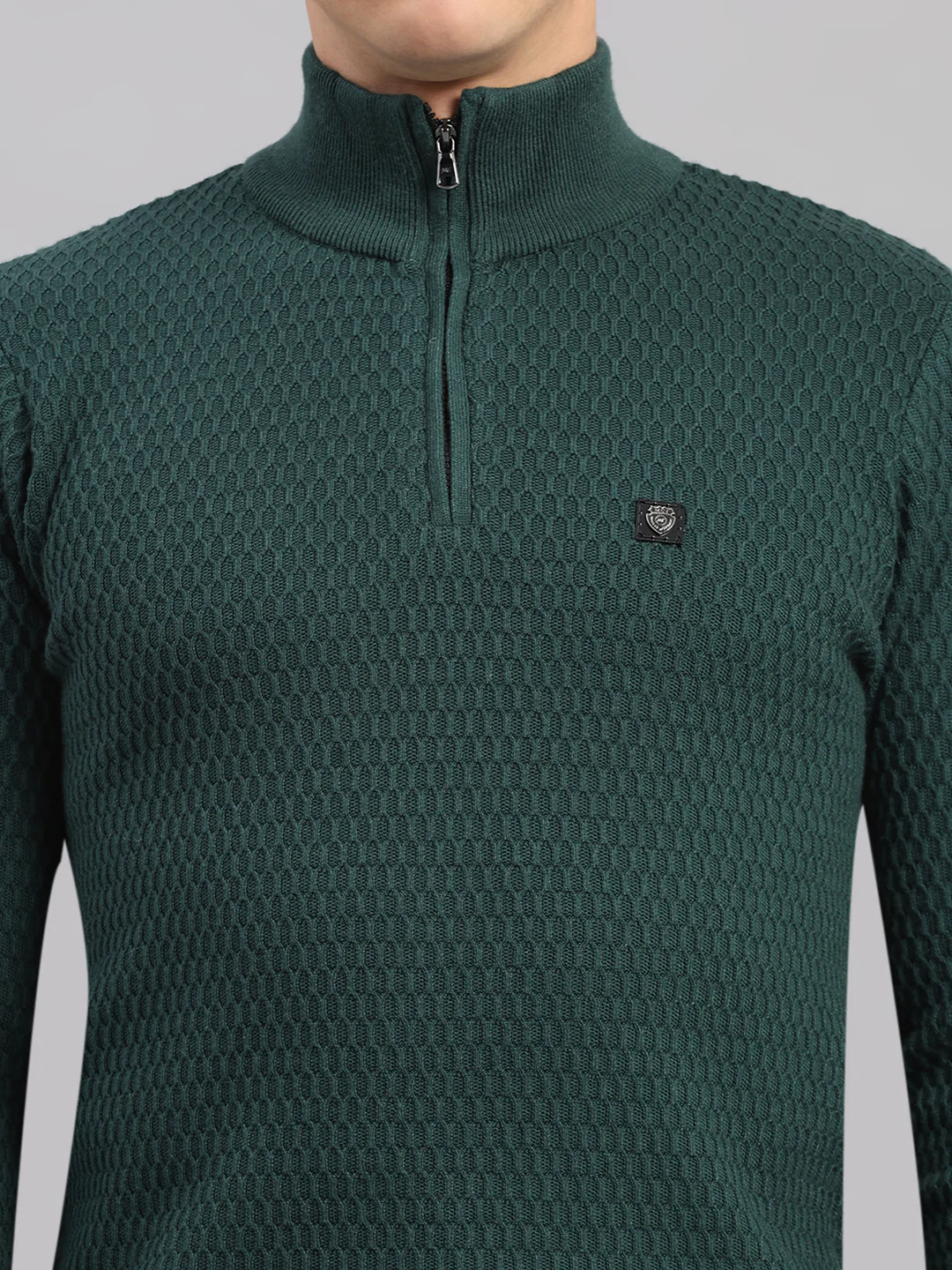 Men Green Self Design Round Neck Full Sleeve Pullover - Image 7