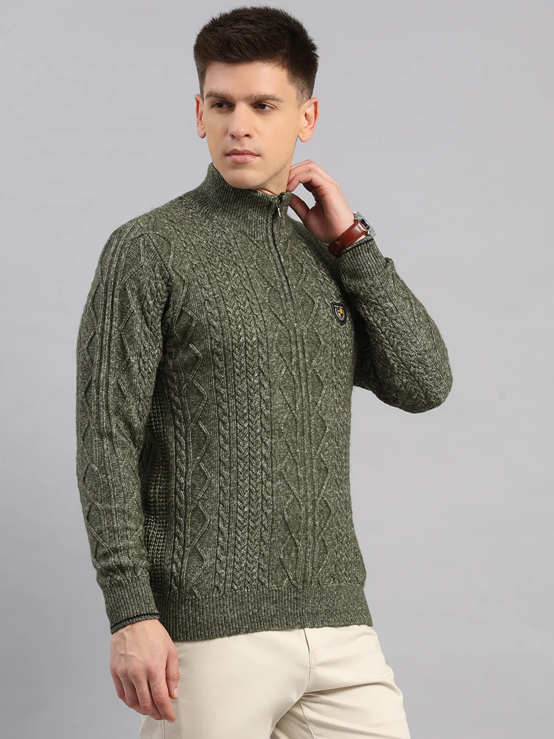 Men Green Self Design Round Neck Full Sleeve Pullover - Image 4