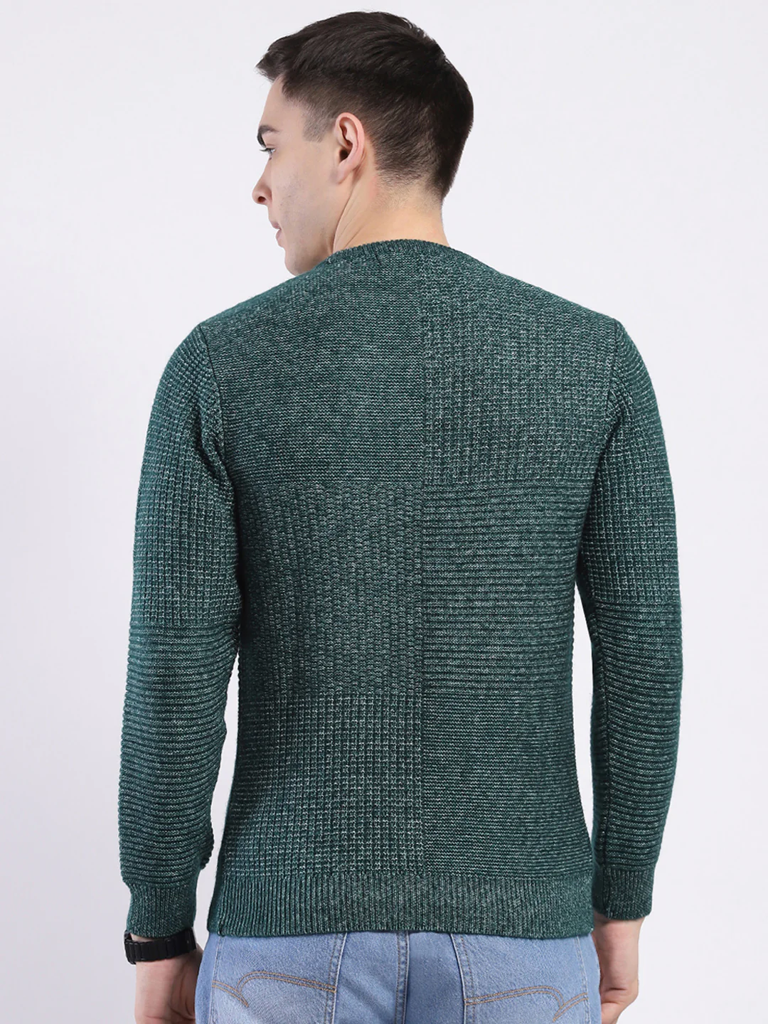 Men Green Self Design Round Neck Full Sleeve Pullover - Image 5