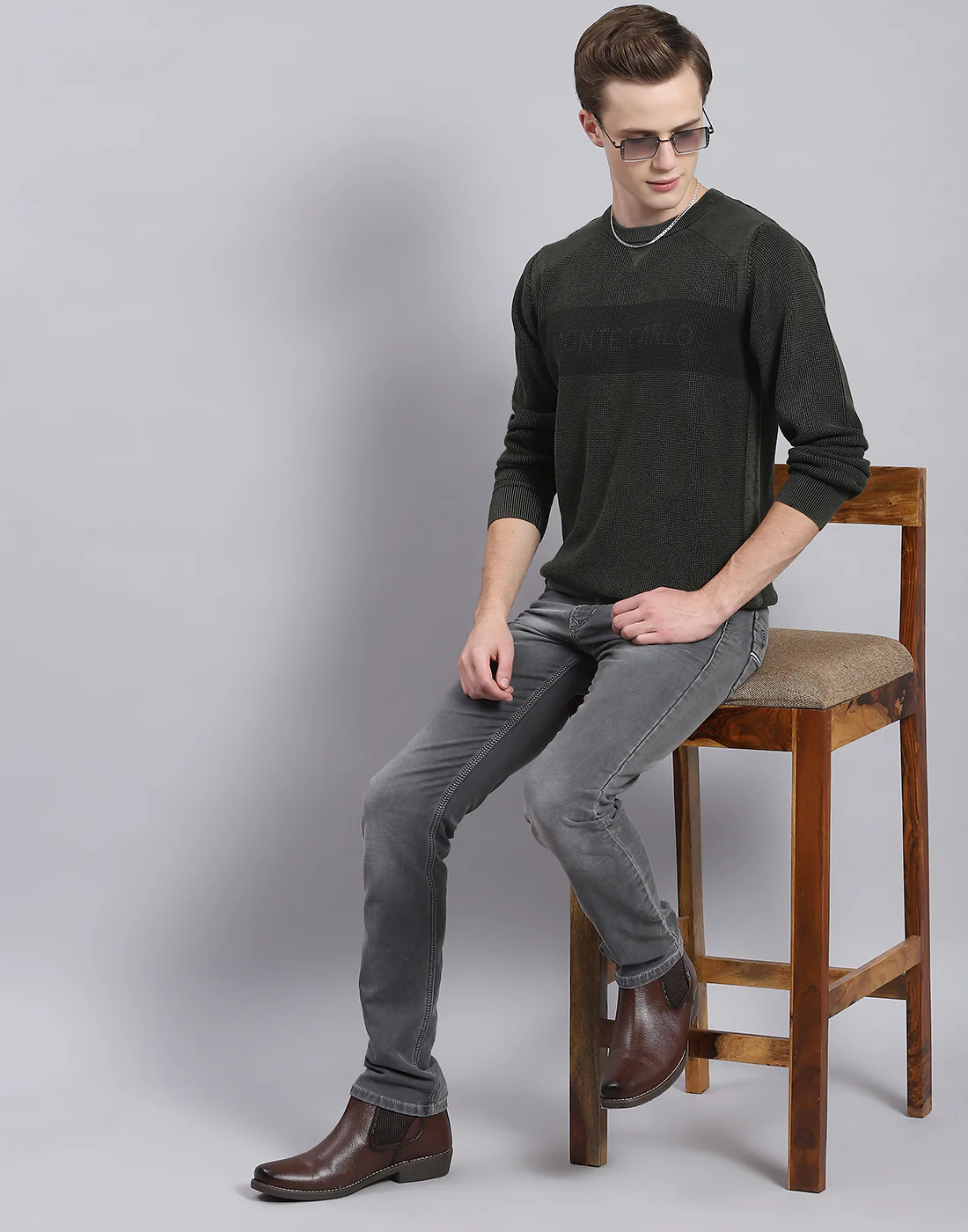 Men Green Self Design Round Neck Full Sleeve Sweater - Image 2