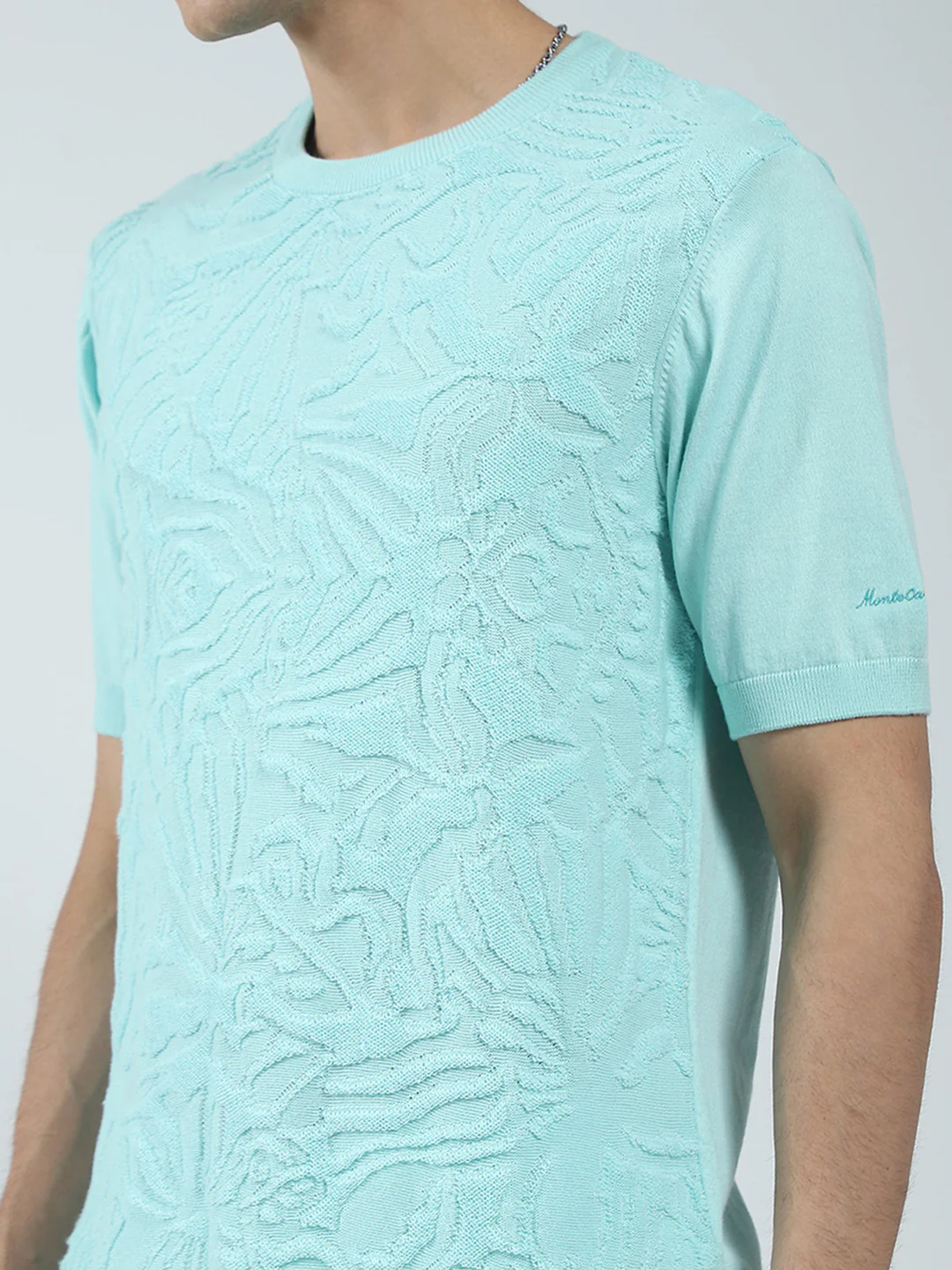 Men Green Self Design Round Neck Half Sleeve T-Shirt - Image 7