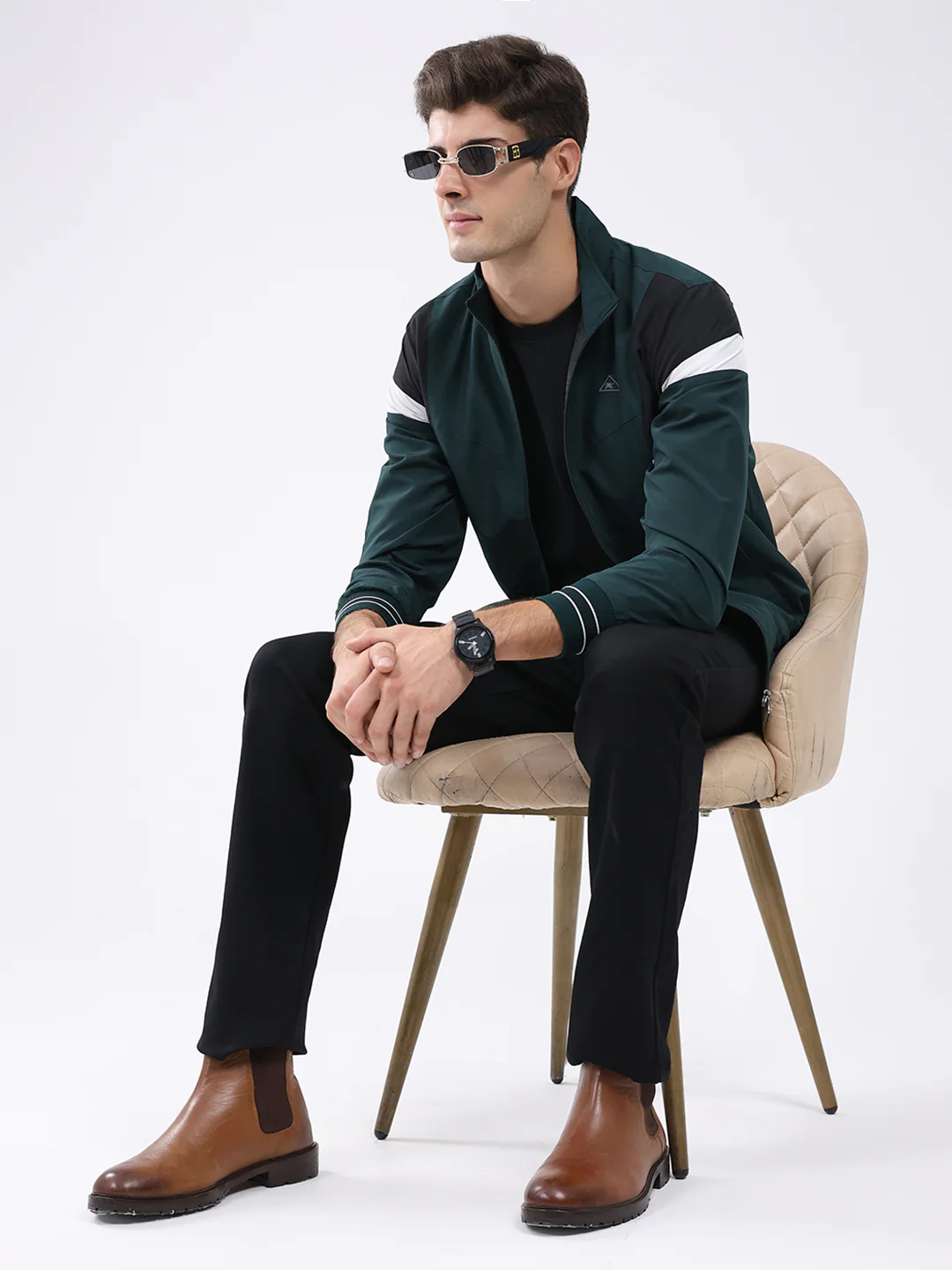 Men Green Self Design Stand Collar Full Sleeve Jacket - Image 2