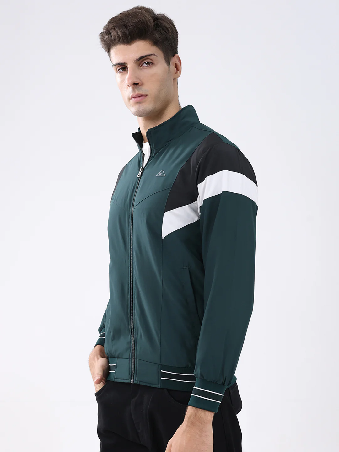 Men Green Self Design Stand Collar Full Sleeve Jacket - Image 3