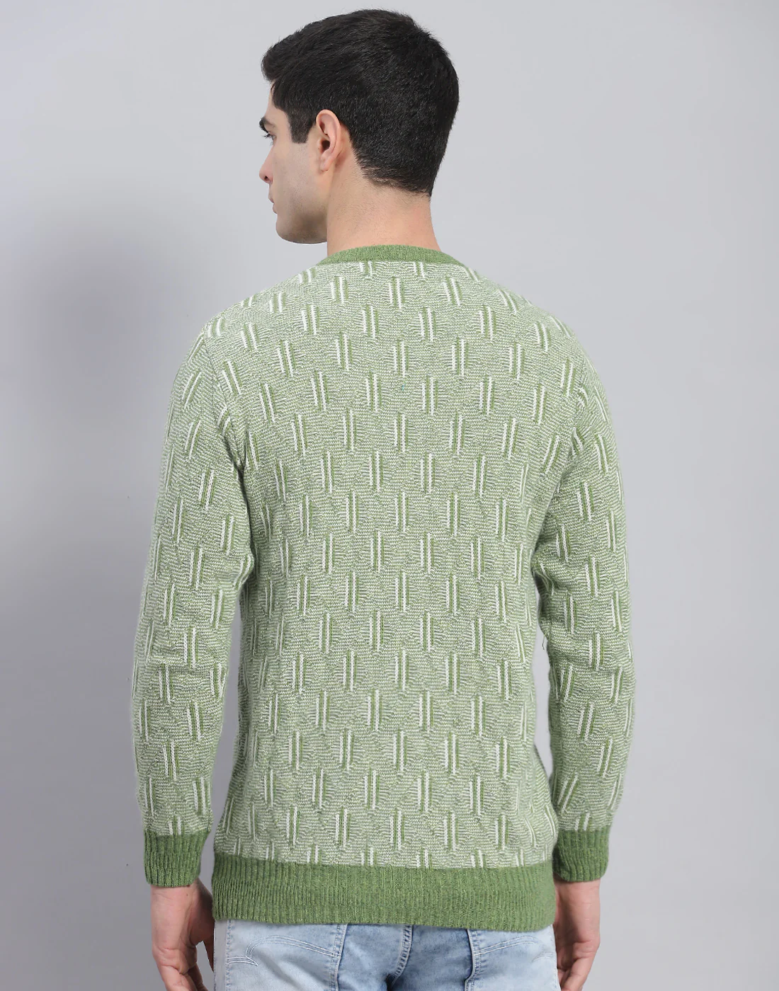 Men Green Self Design V Neck Full Sleeve Pullover - Image 6