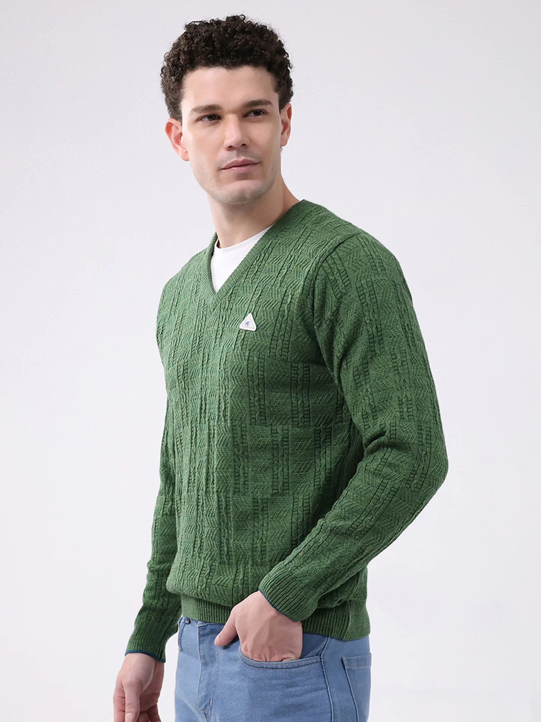 Men Green Self Design V Neck Full Sleeve Pullover - Image 3