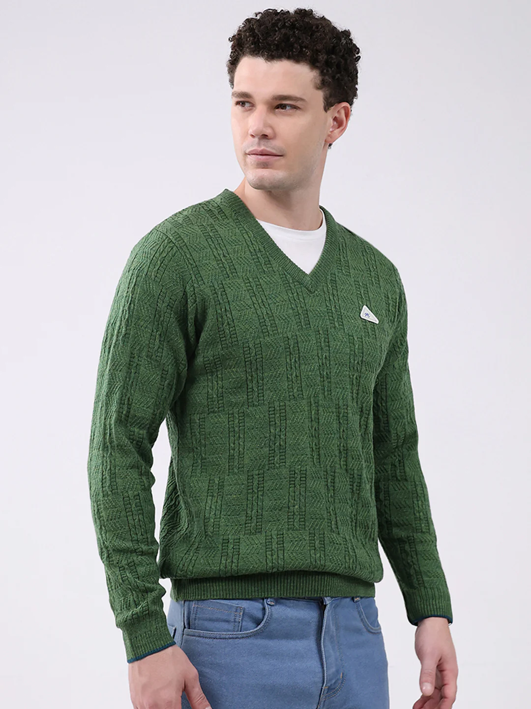 Men Green Self Design V Neck Full Sleeve Pullover - Image 4