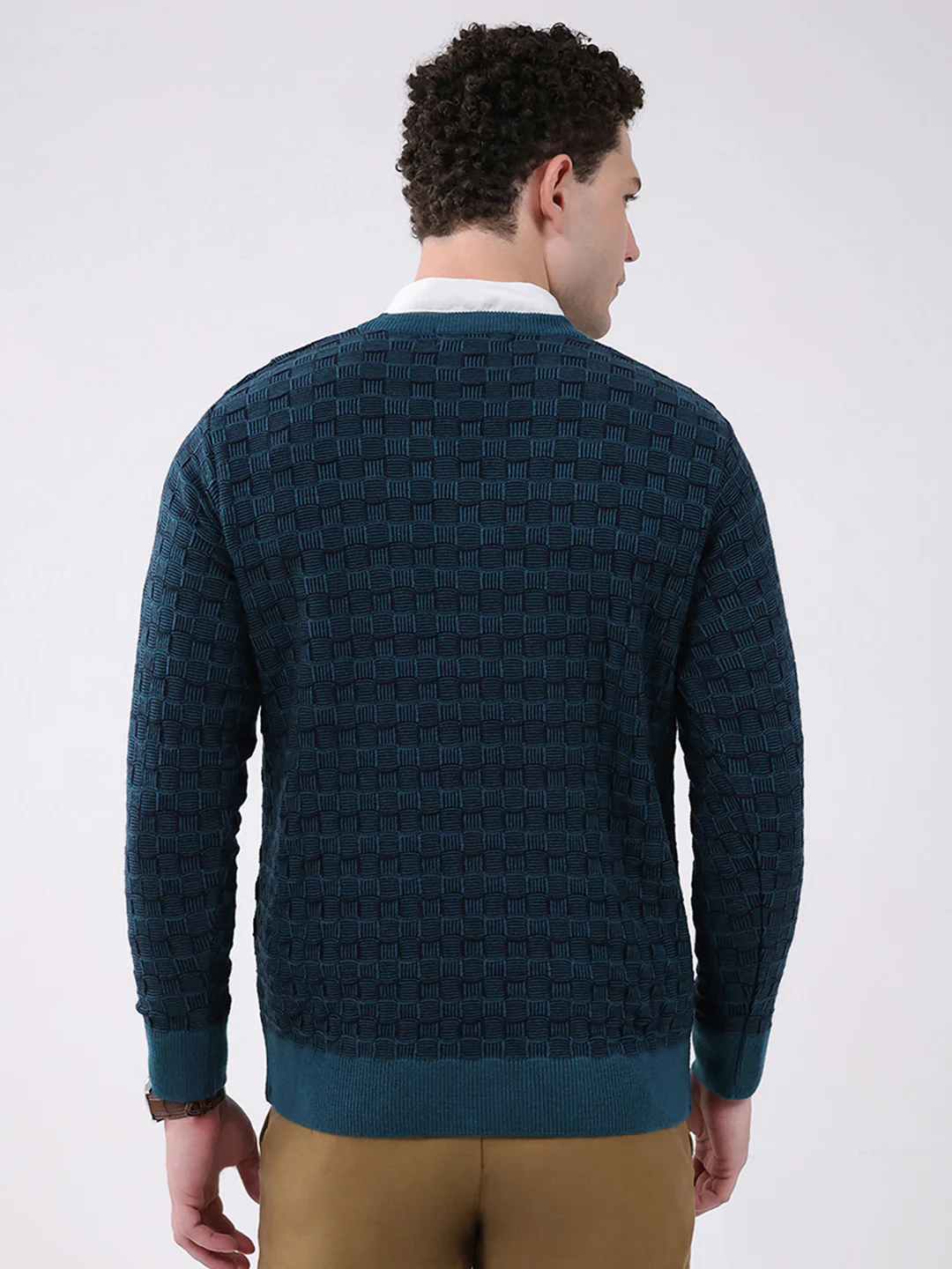 Men Green Self Design V Neck Full Sleeve Pullover - Image 5