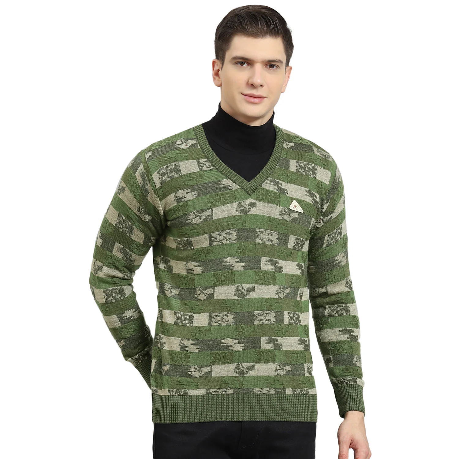 Men Green Self Design V Neck Full Sleeve Sweater - Image 5