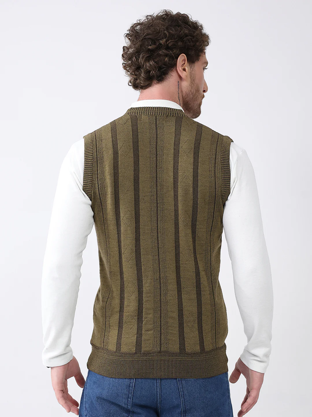 Men Green Self Design V Neck Sleeveless Cardigan - Image 5