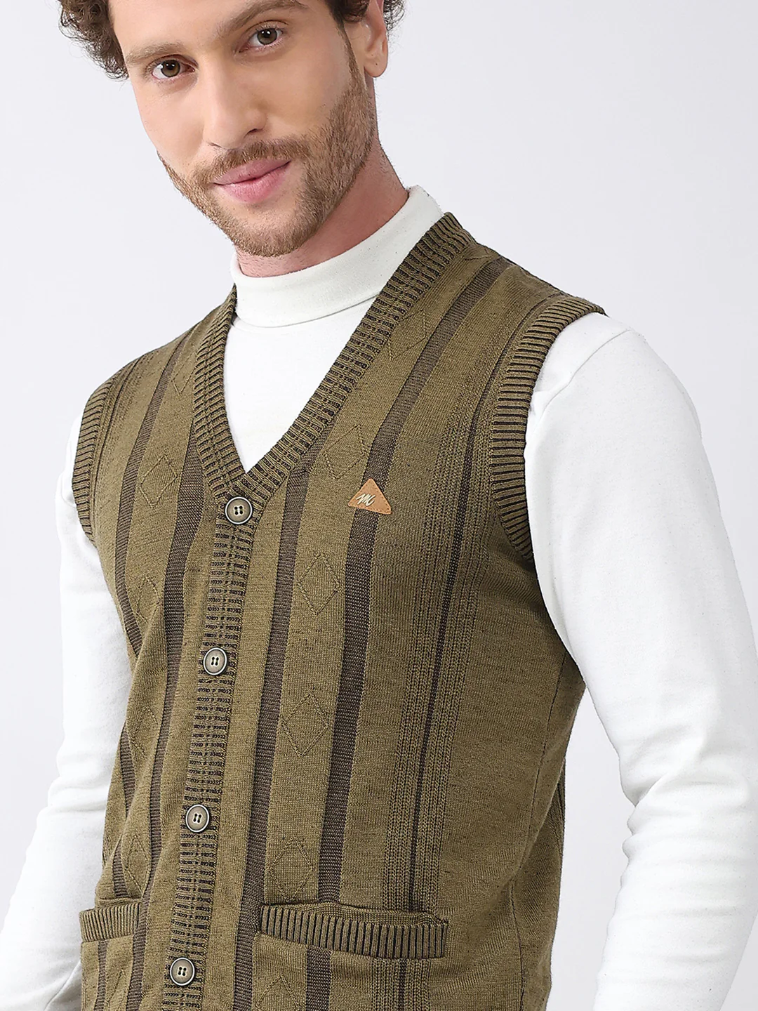 Men Green Self Design V Neck Sleeveless Cardigan - Image 6
