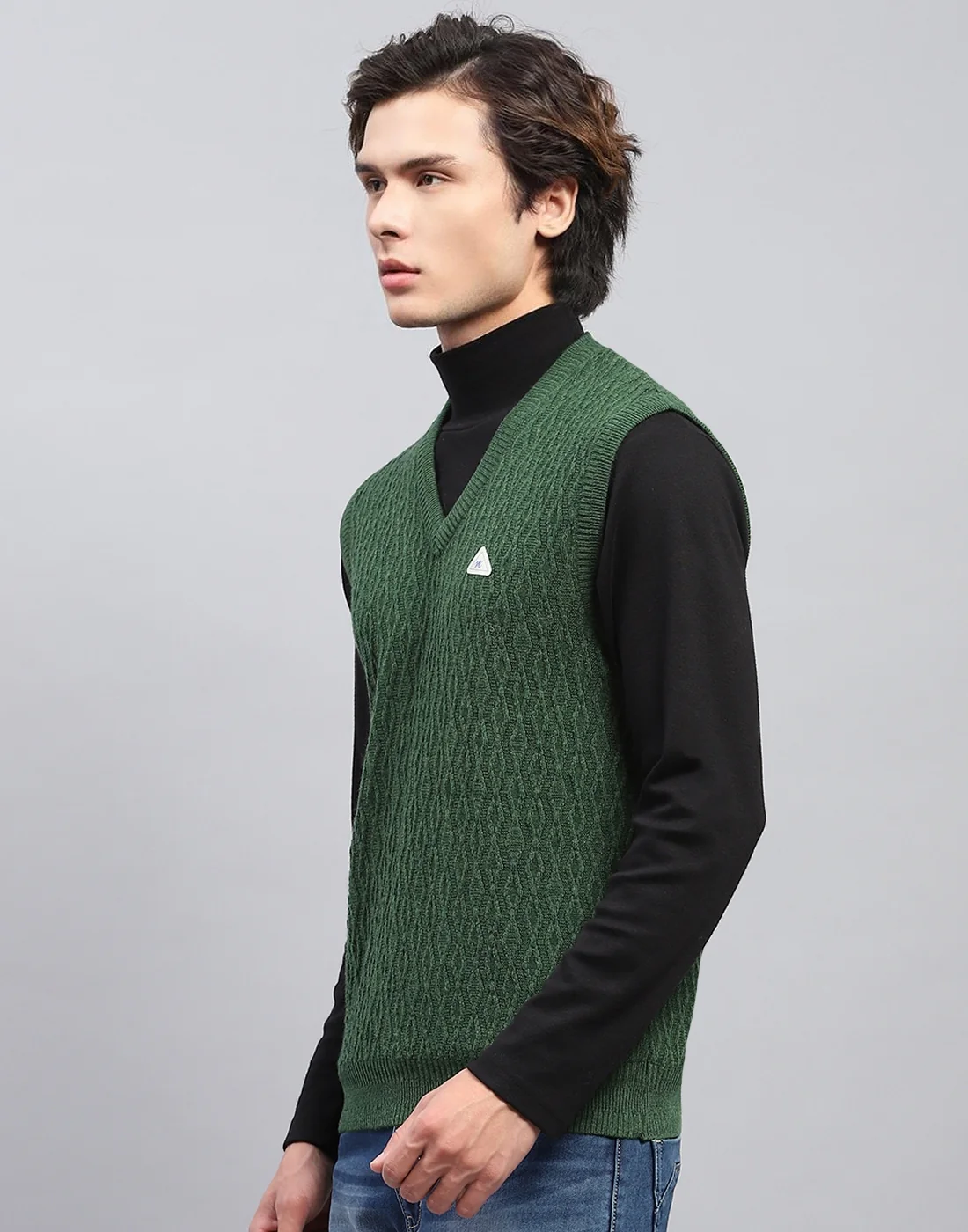 Men Green Self Design V Neck Sleeveless Sweater - Image 3