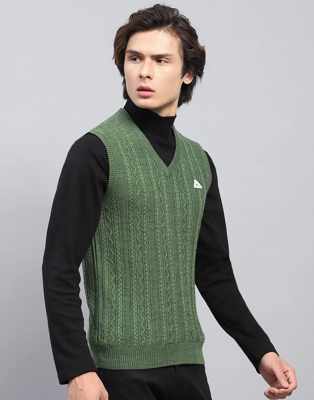Men Green Self Design V Neck Sleeveless Sweater - Image 4