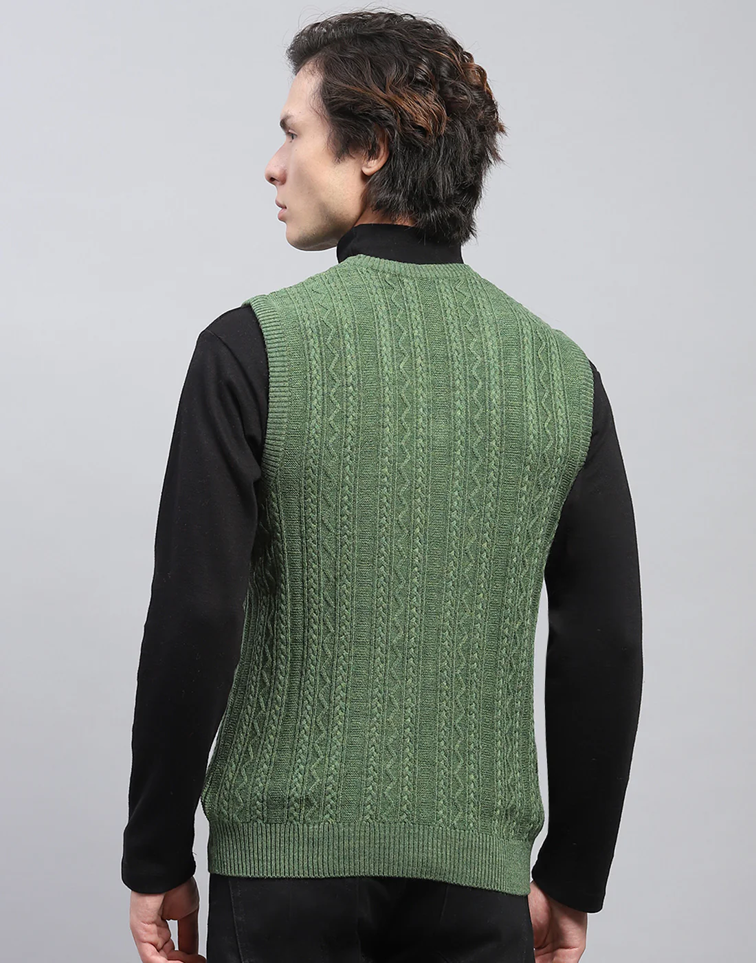 Men Green Self Design V Neck Sleeveless Sweater - Image 5