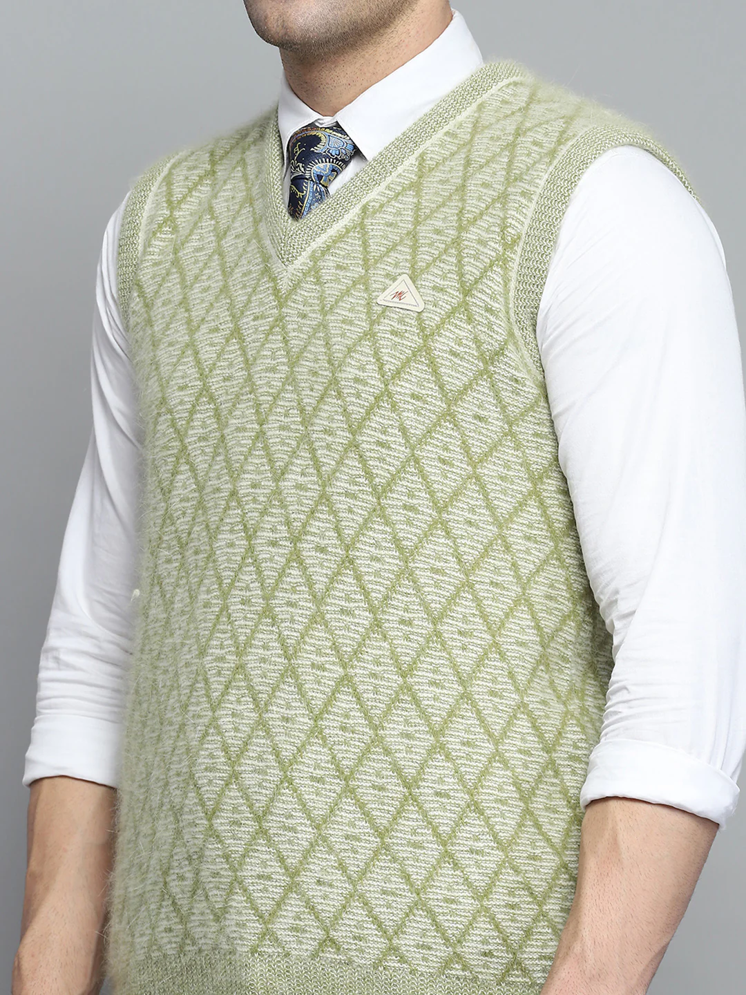 Men Green Self Design V Neck Sleeveless Sweater - Image 6