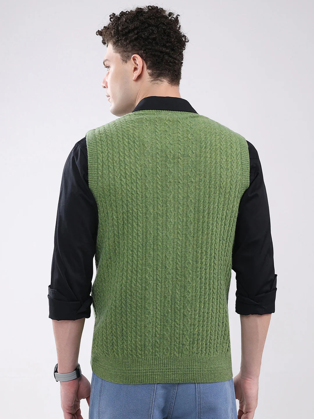 Men Green Self Design V Neck Sleeveless Sweater - Image 5