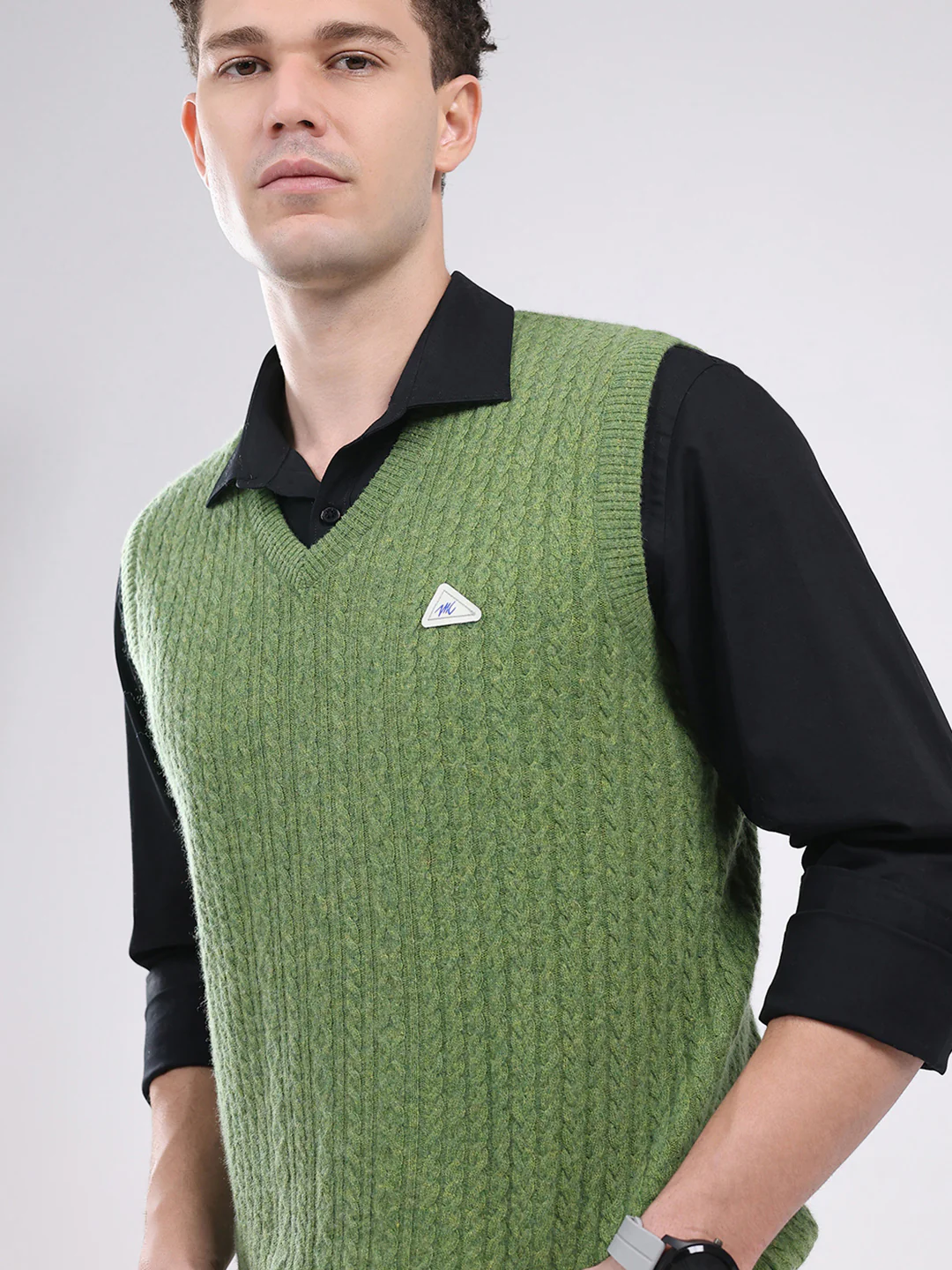 Men Green Self Design V Neck Sleeveless Sweater - Image 6