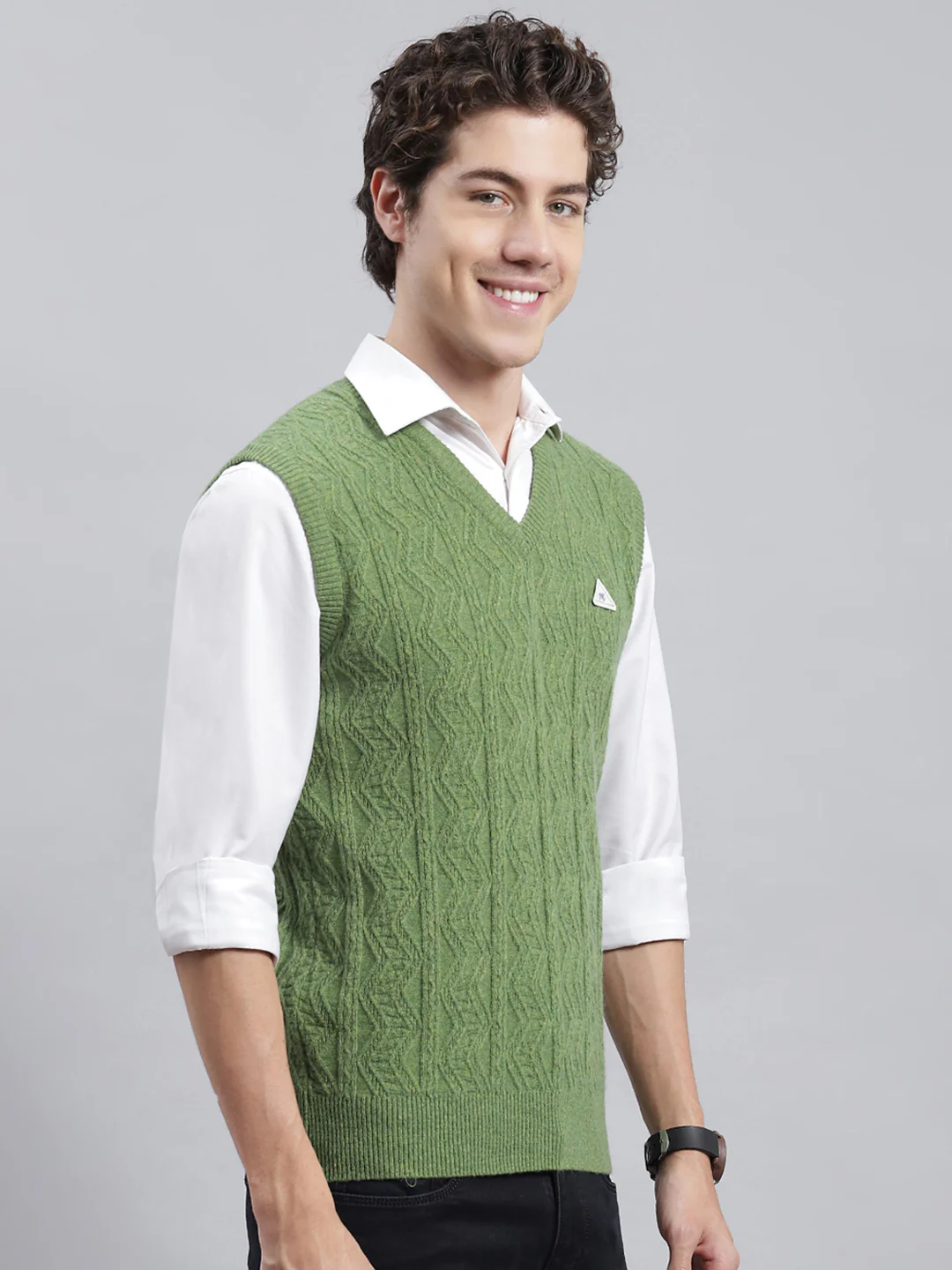 Men Green Self Sweater - Image 3