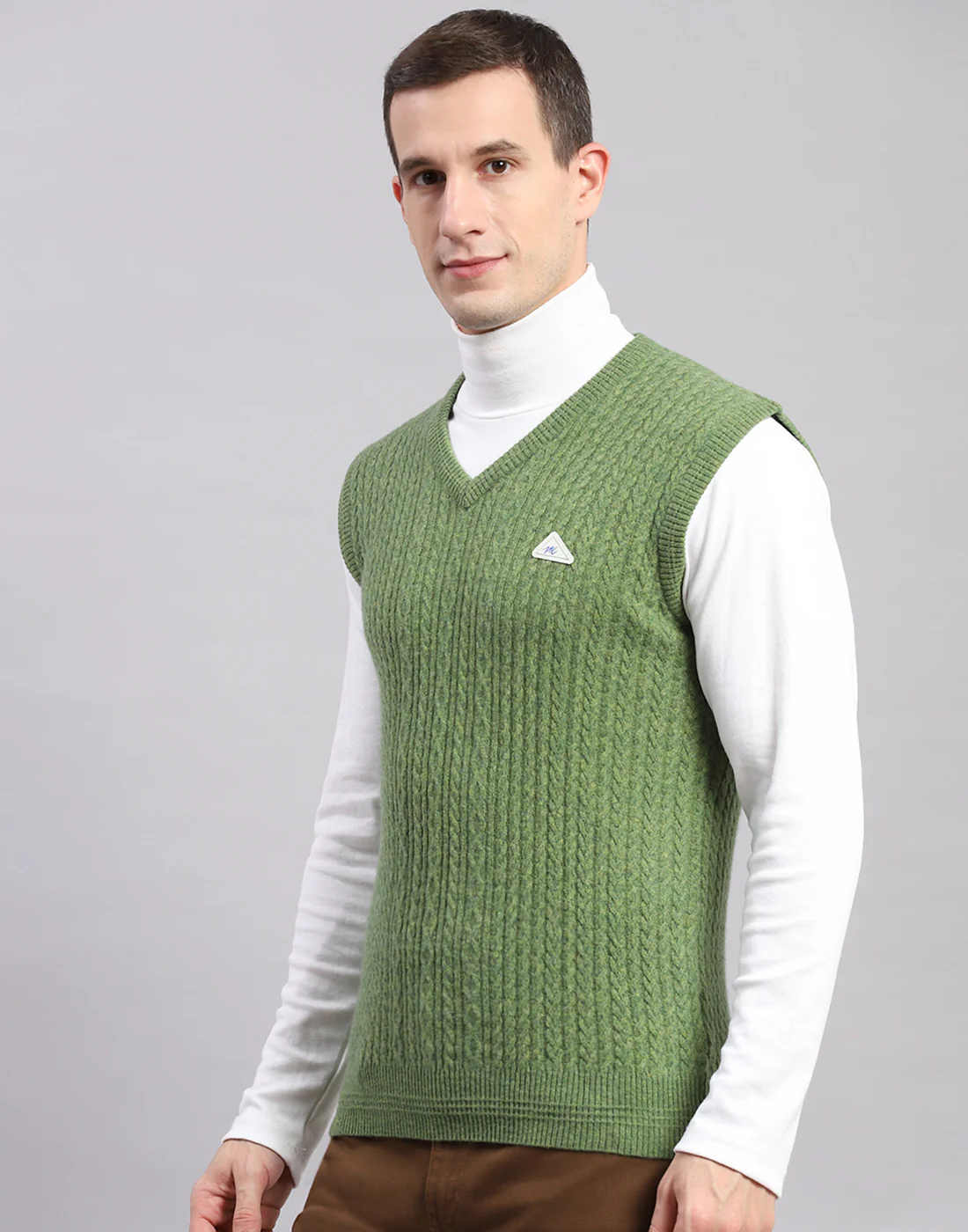 Men Green Self Design V Neck Sleeveless Sweaters/Pullovers - Image 3