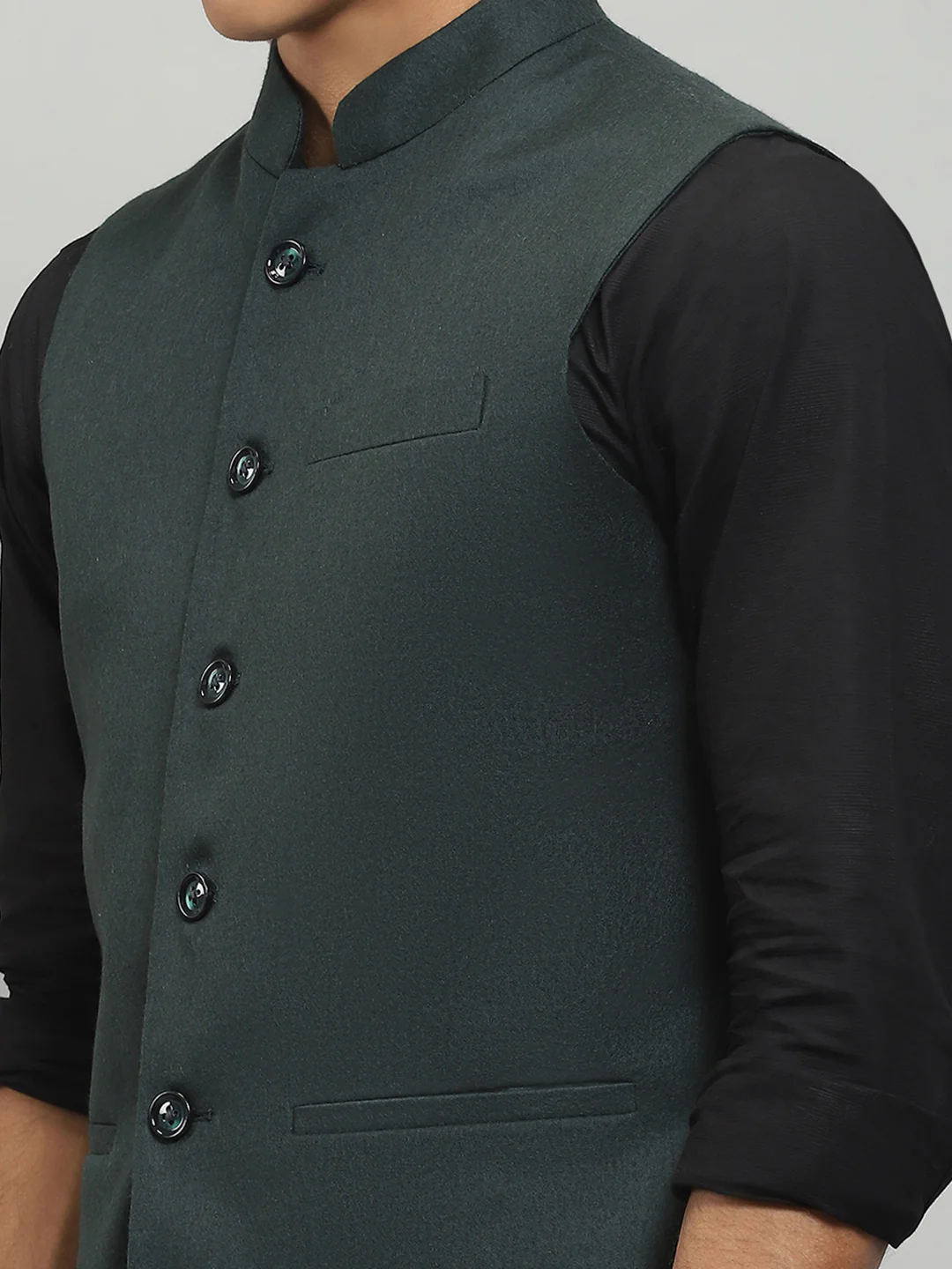 Men Green Solid Band Collar Sleeveless Nehru Jacket - Image 7