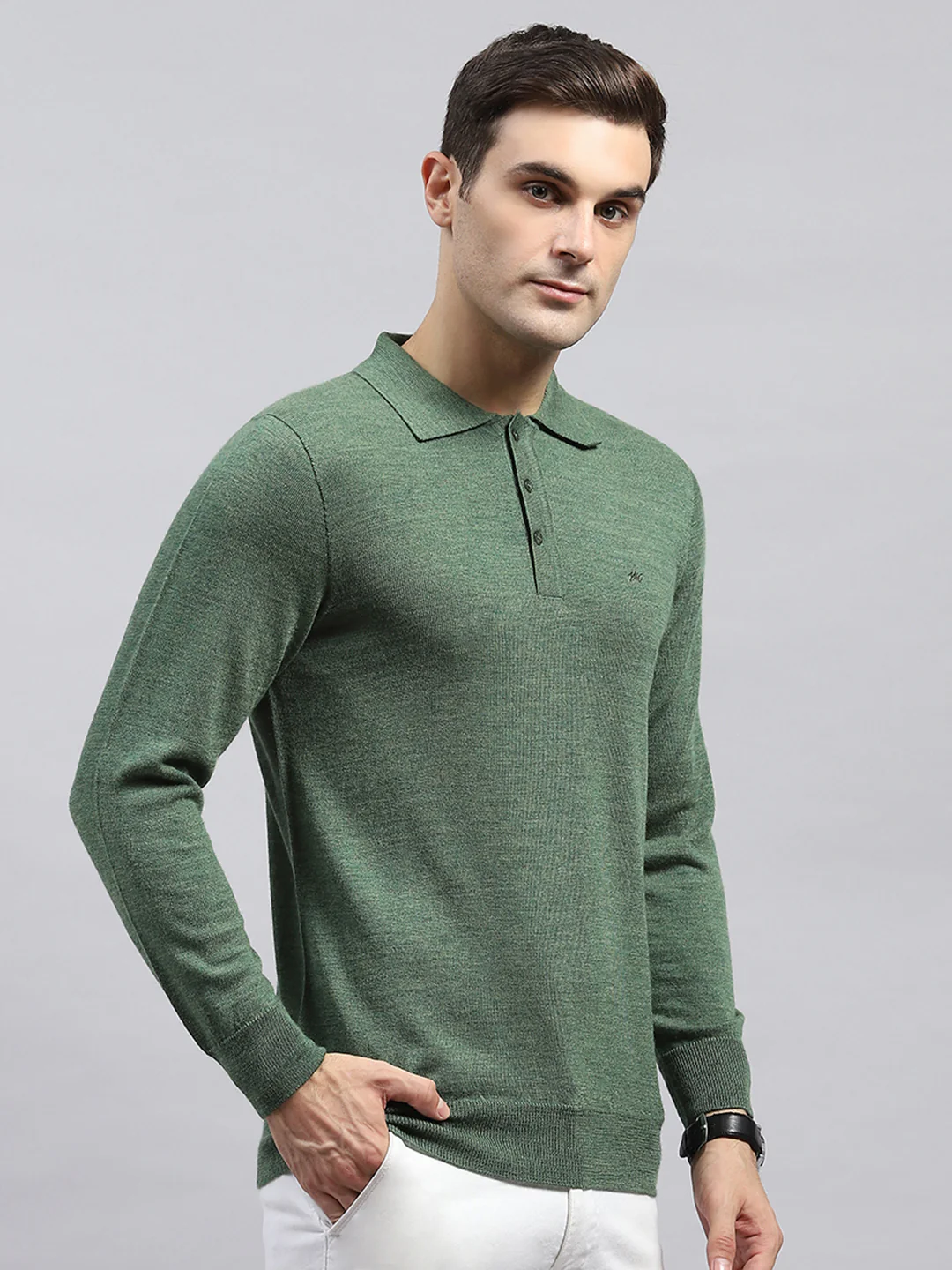 Men Green Solid Collar Full Sleeve Winter T-Shirt - Image 4