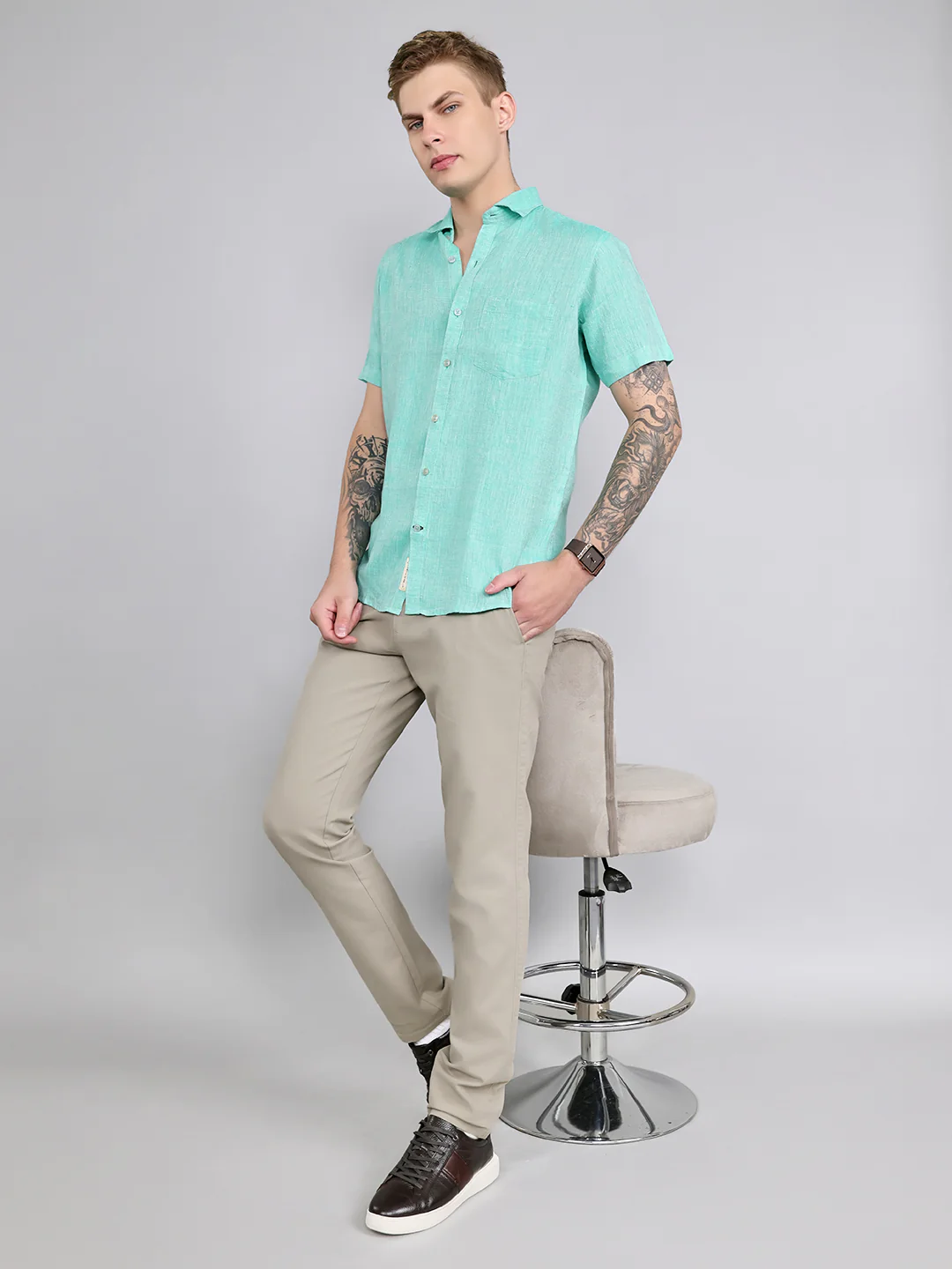 Men Green Solid Collar Half Sleeve Shirt - Image 6