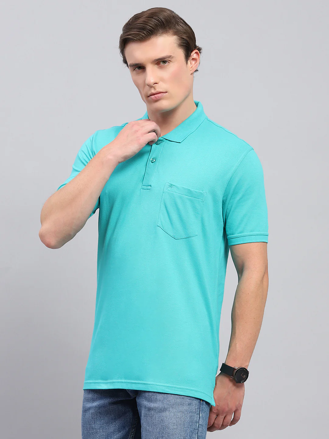Men Green Solid Collar Half Sleeve T-Shirt - Image 3