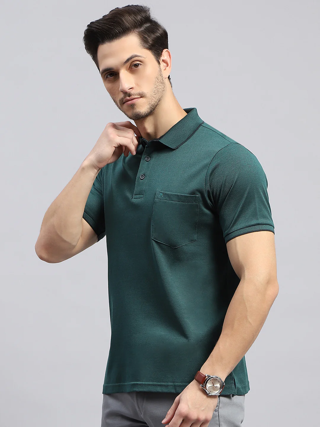 Men Green Solid Collar Half Sleeve T-Shirt - Image 3