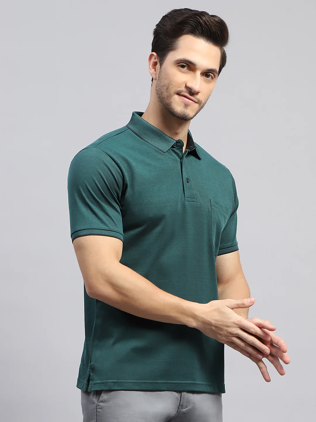 Men Green Solid Collar Half Sleeve T-Shirt - Image 4