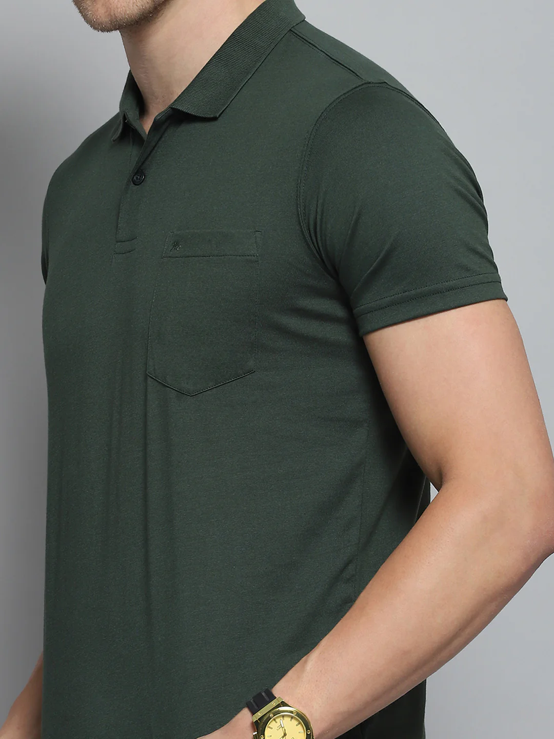 Men Green Solid Collar Half Sleeve T-Shirt - Image 6