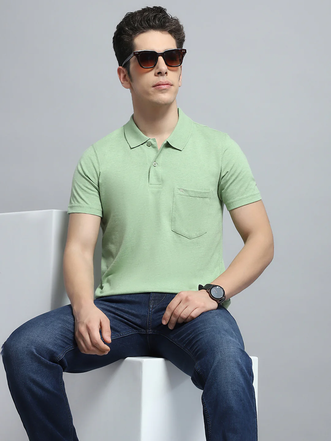 Men Green Solid Collar Half Sleeve T-Shirt - Image 6