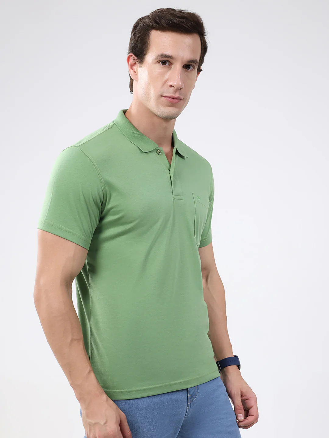 Men Green Solid Collar Half Sleeve T-Shirt - Image 4