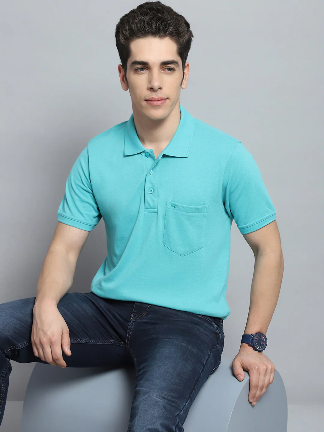 Men Green Solid Collar Half Sleeve T-Shirt - Image 6