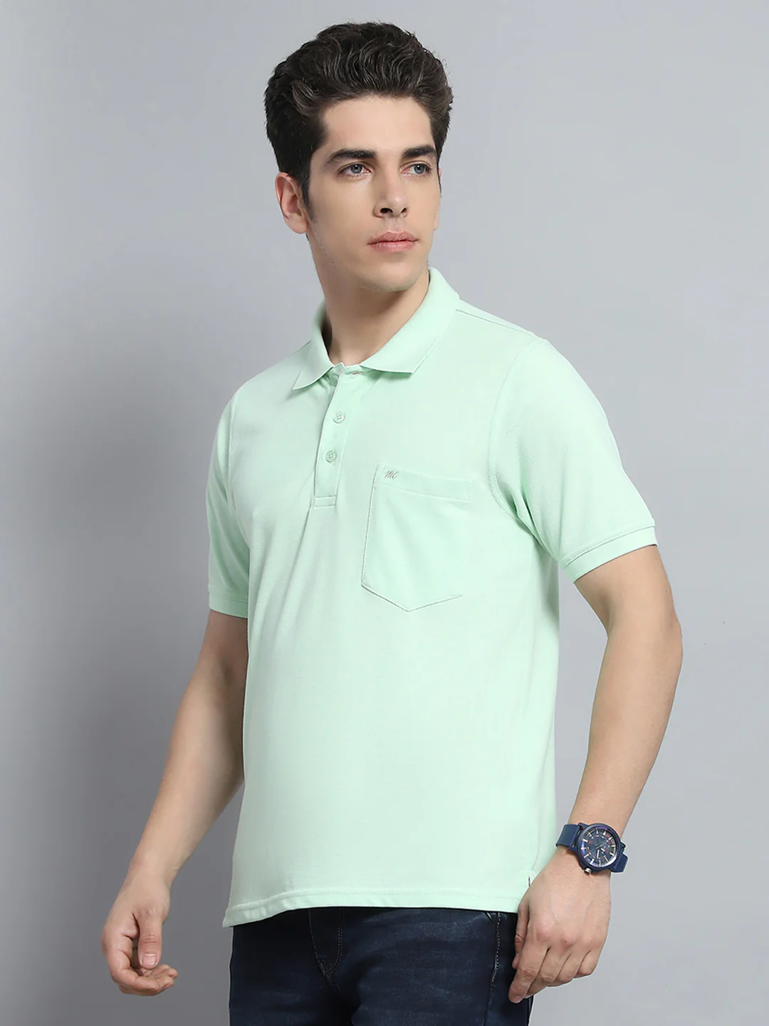 Men Green Solid Collar Half Sleeve T-Shirt - Image 3