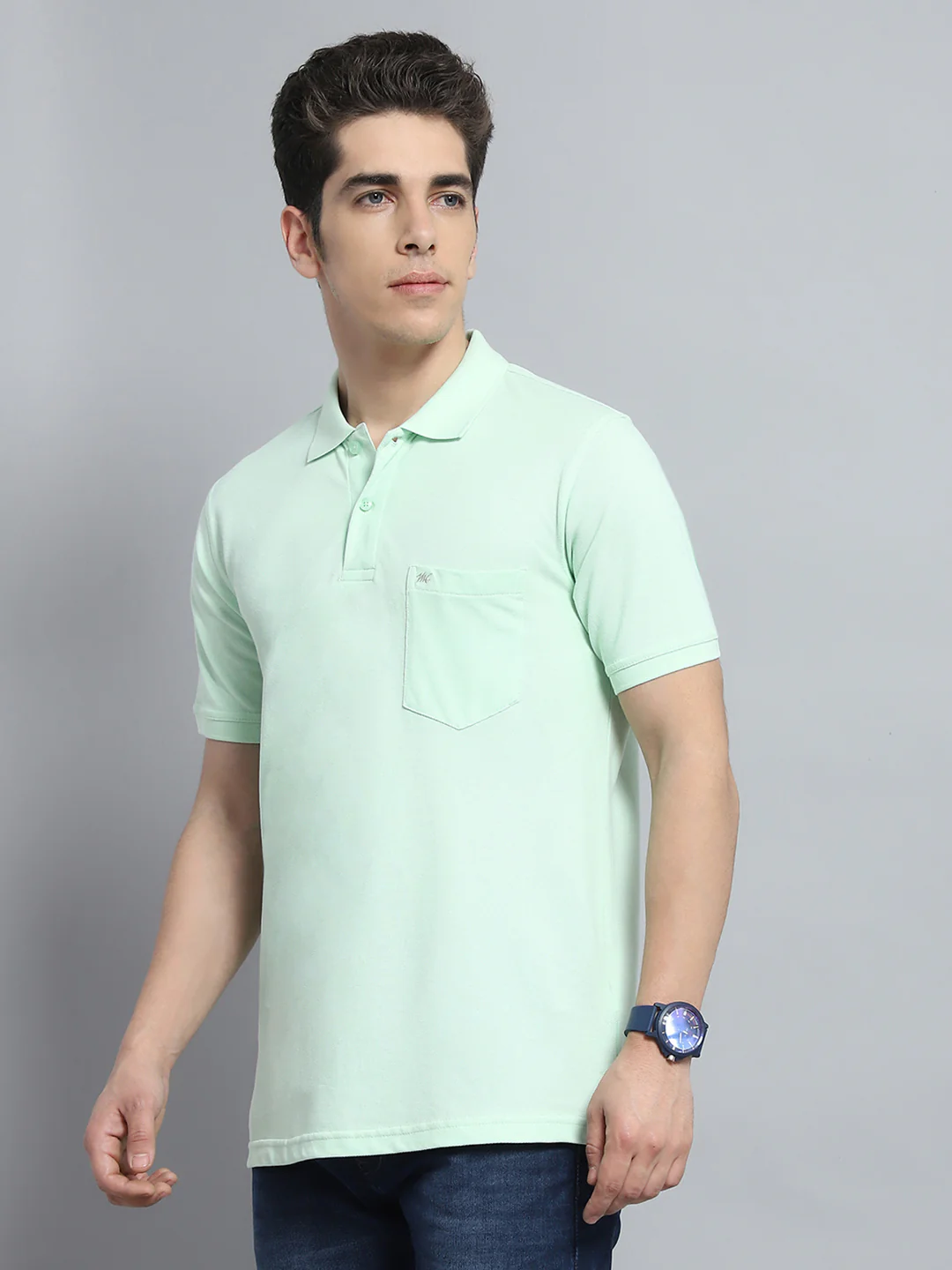 Men Green Solid Collar Half Sleeve T-Shirt - Image 3