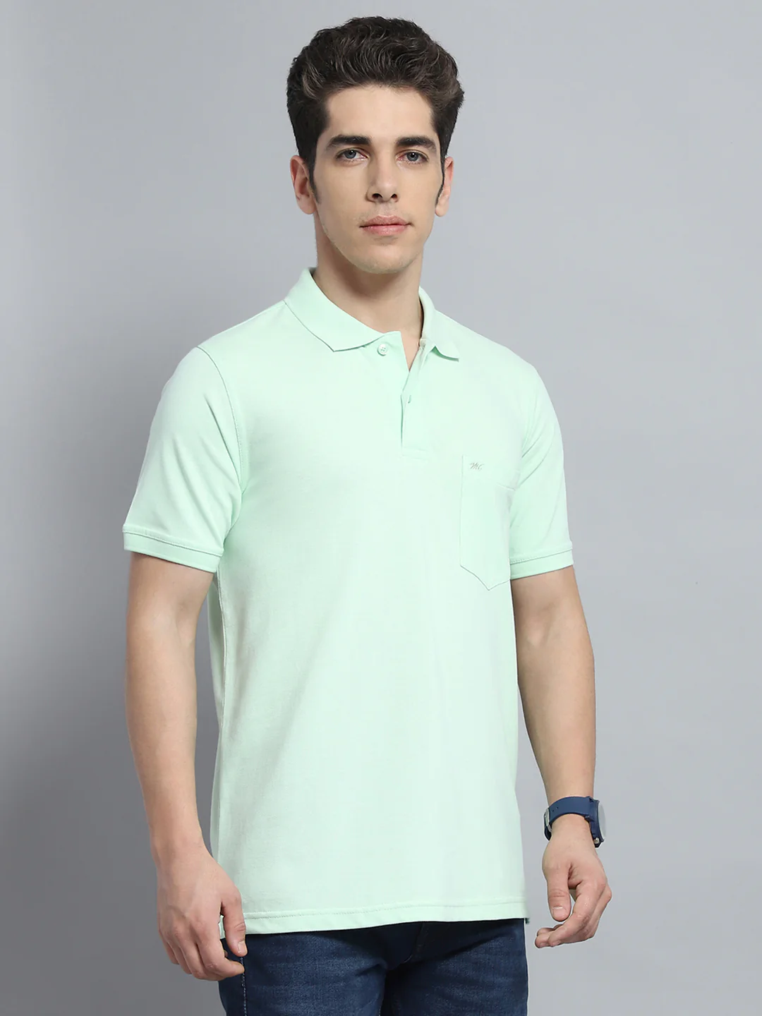 Men Green Solid Collar Half Sleeve T-Shirt - Image 4