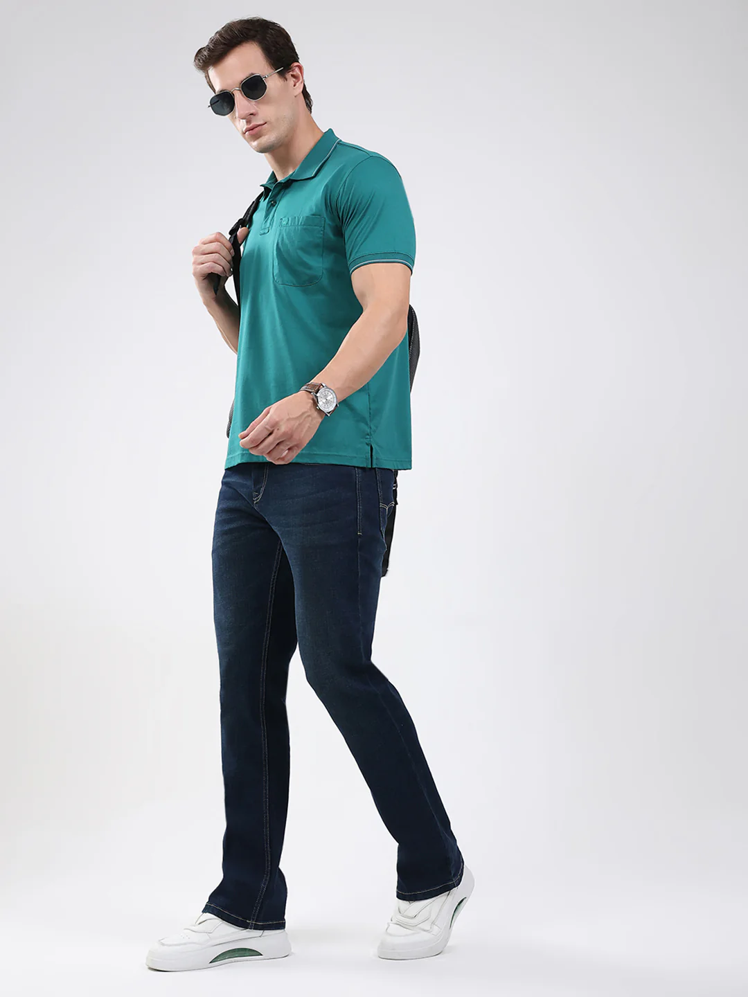 Men Green Solid Collar Half Sleeve T-Shirt - Image 2