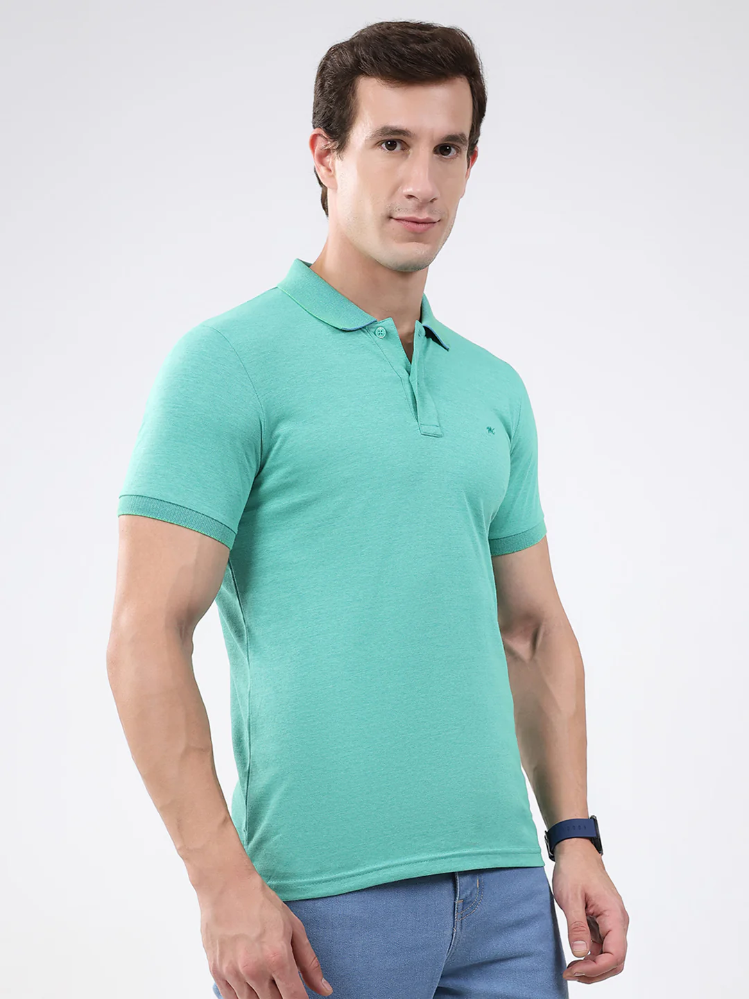 Men Green Solid Collar Half Sleeve T-Shirt - Image 4