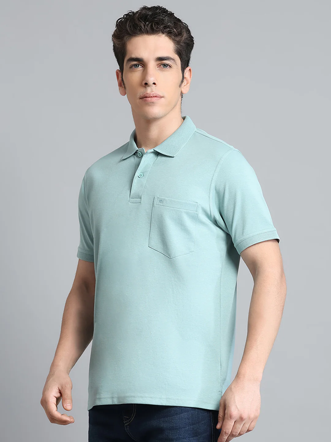Men Green Solid Collar Half Sleeve T-Shirt - Image 3