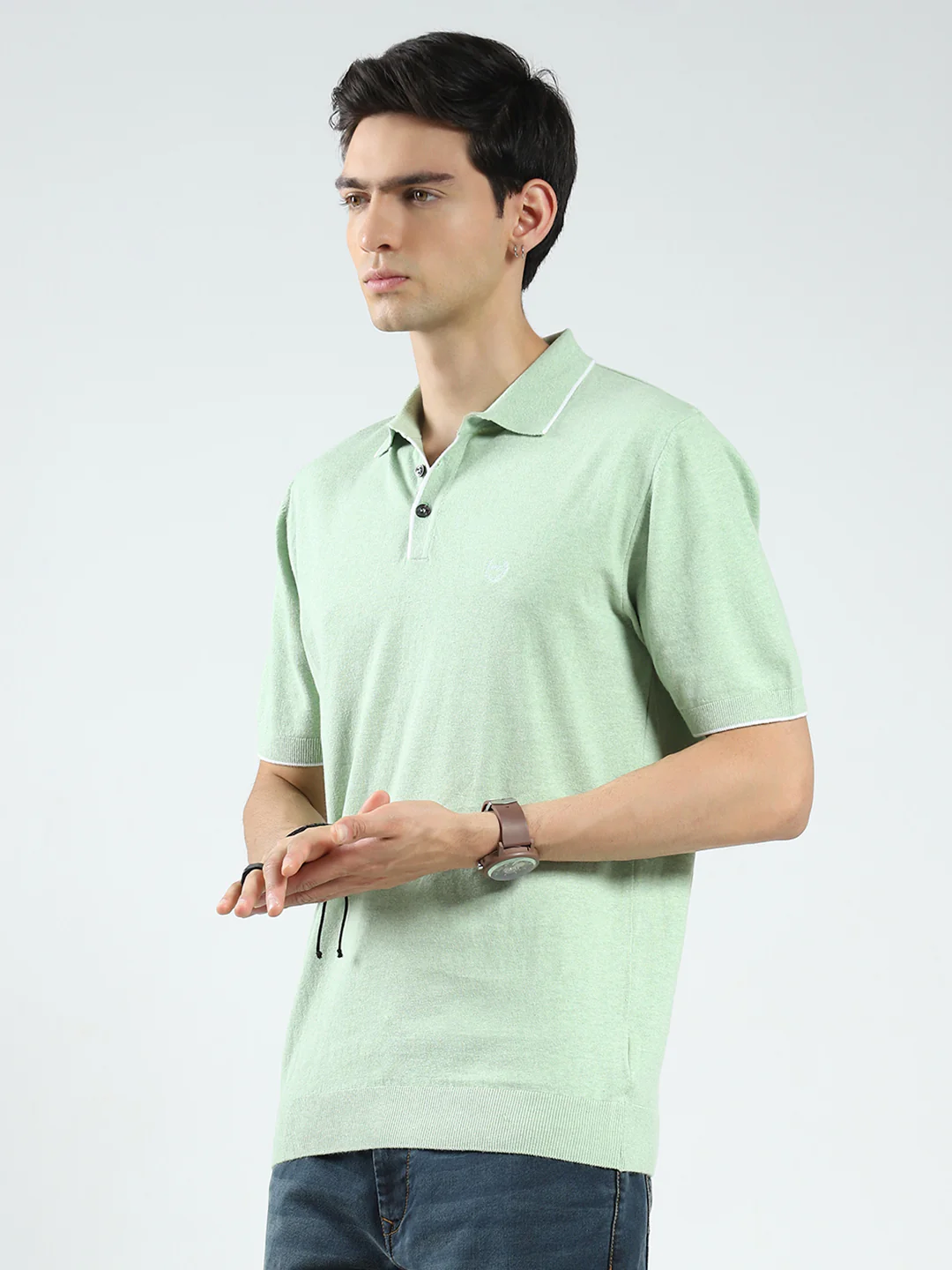 Men Green Solid Collar Half Sleeve T-Shirt - Image 3