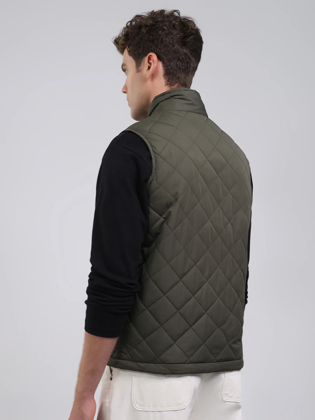 Men Green Solid Collar Sleeveless Jacket - Image 5