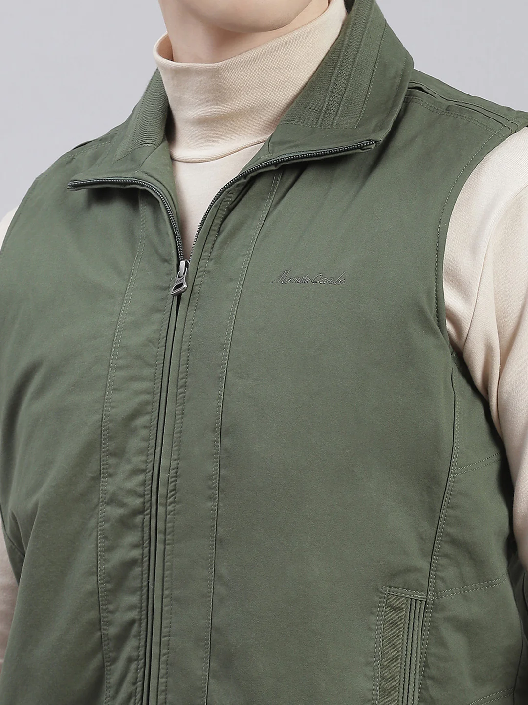 Men Green Solid Collar Sleeveless Jackets - Image 6